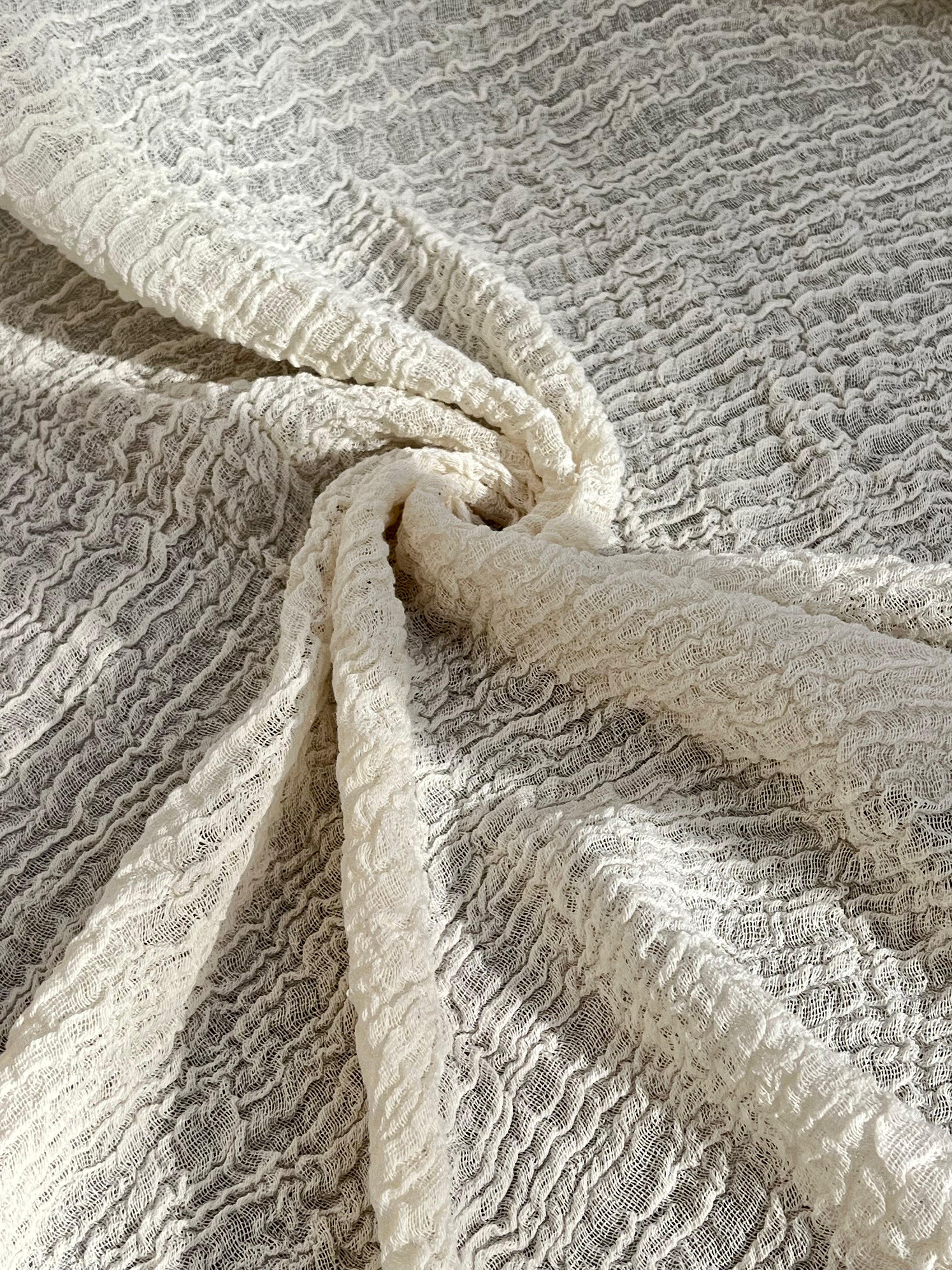 Stretchy Crinkle Cotton Fabric, Textured Surface, Black & Natural White & Butter Yellow