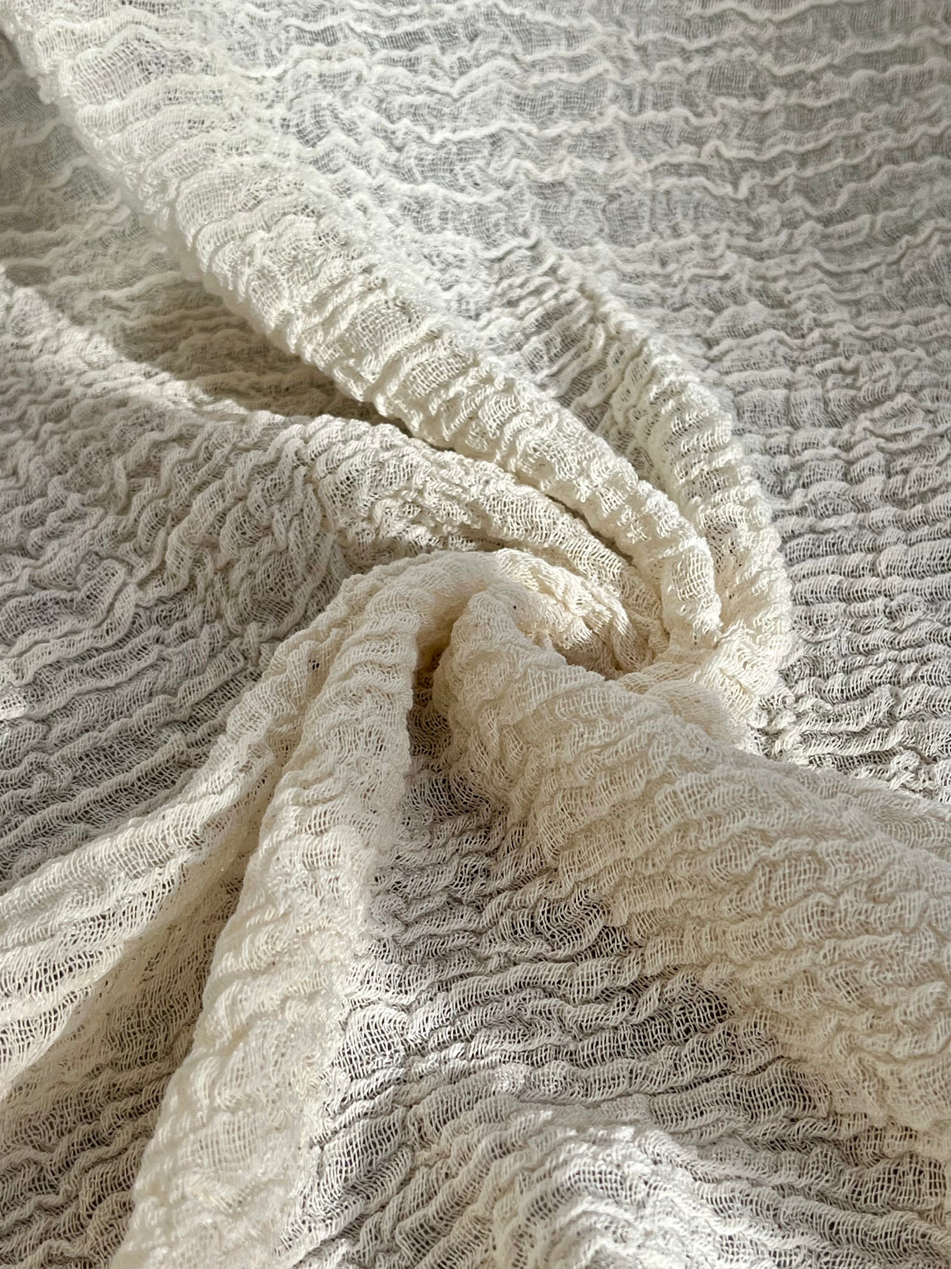 Stretchy Crinkle Cotton Fabric, Textured Surface, Black & Natural White & Butter Yellow