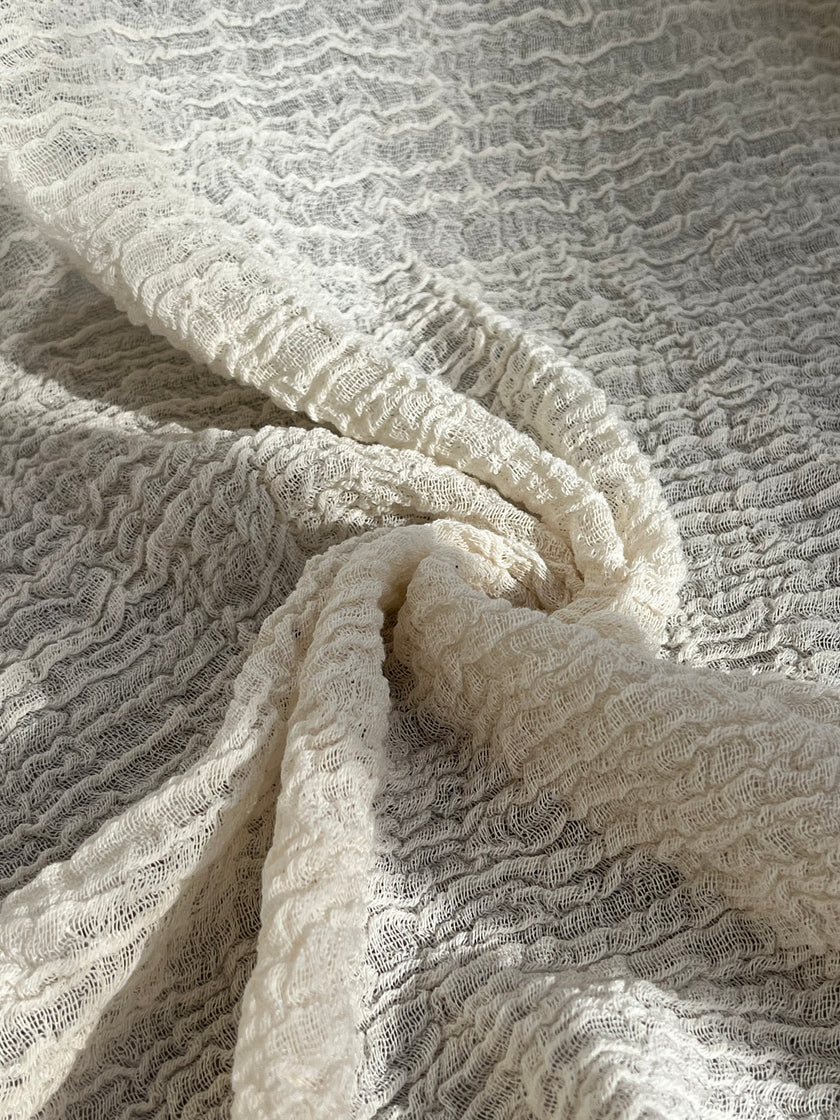Stretchy Crinkle Cotton Fabric, Textured Surface, Black & Natural White & Butter Yellow