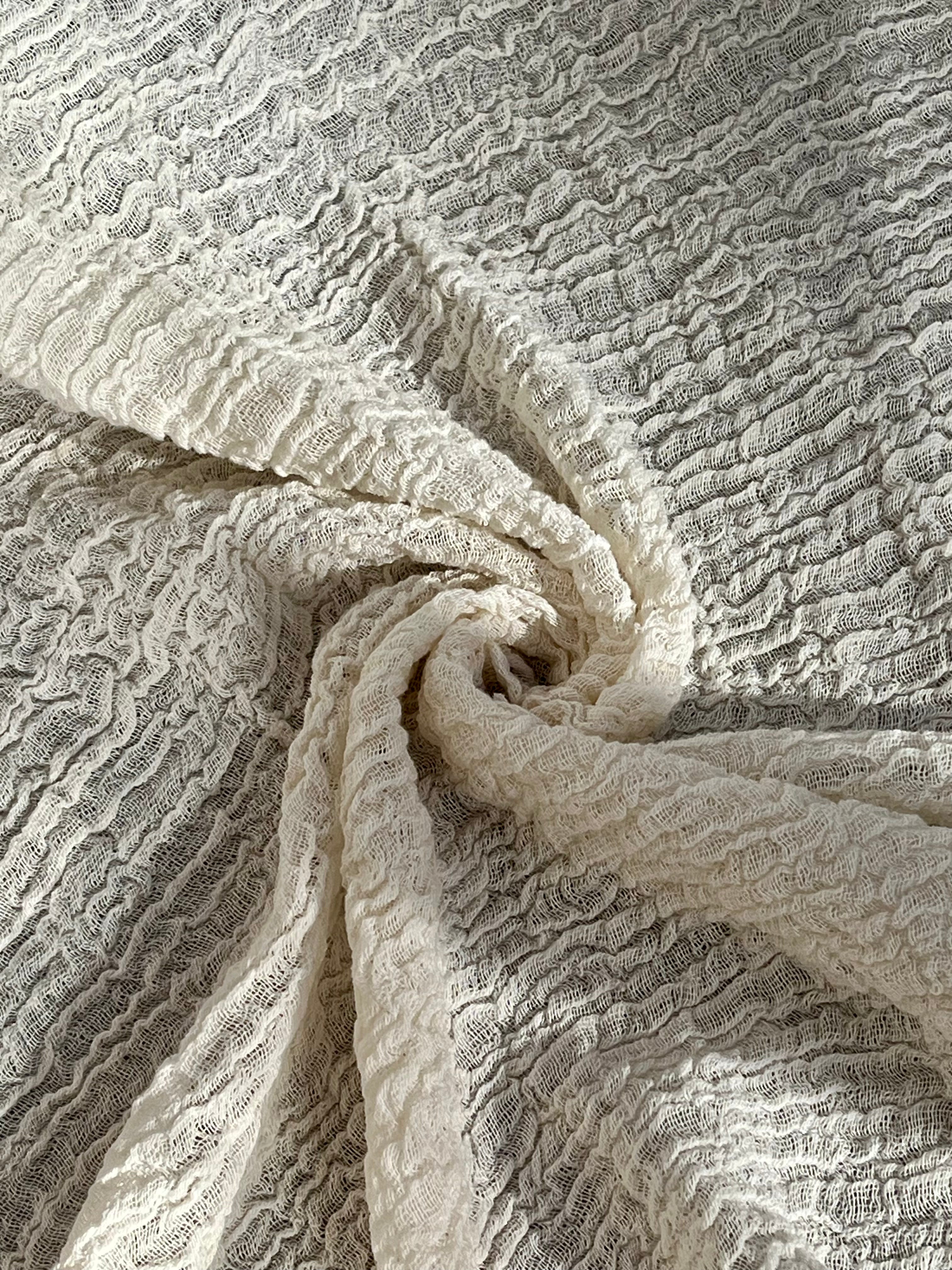 Stretchy Crinkle Cotton Fabric, Textured Surface, Black & Natural White & Butter Yellow