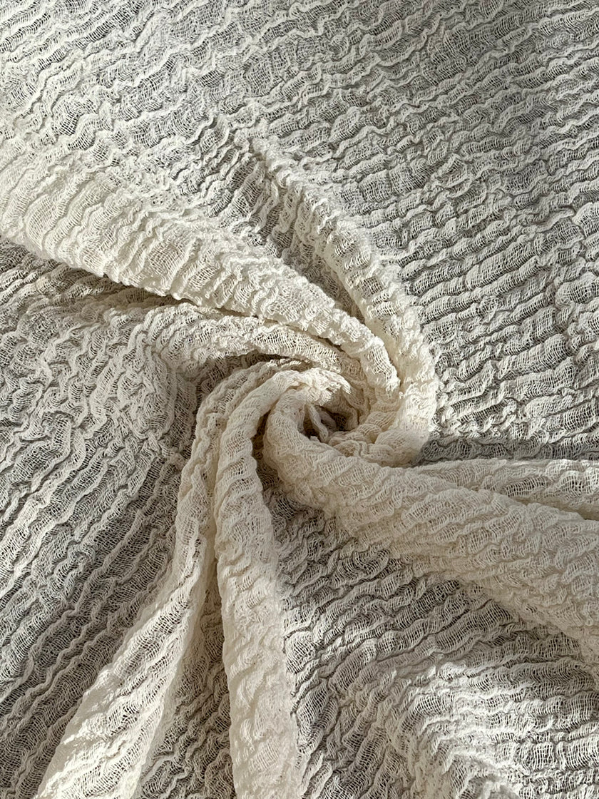 Stretchy Crinkle Cotton Fabric, Textured Surface, Black & Natural White & Butter Yellow