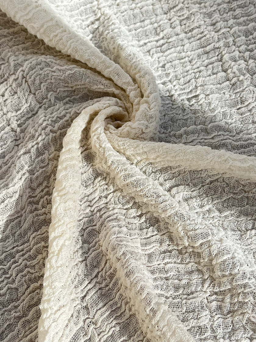 Stretchy Crinkle Cotton Fabric, Textured Surface, Black & Natural White & Butter Yellow