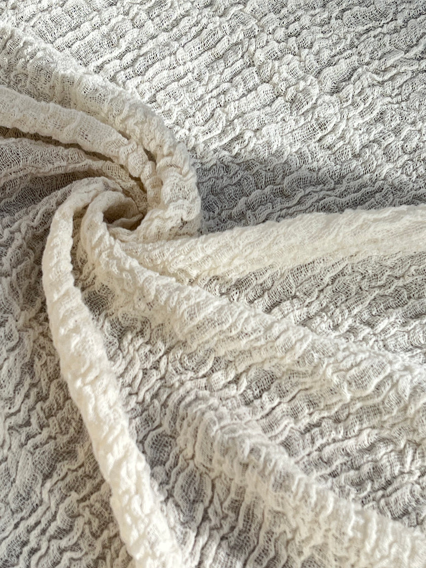 Stretchy Crinkle Cotton Fabric, Textured Surface, Black & Natural White & Butter Yellow