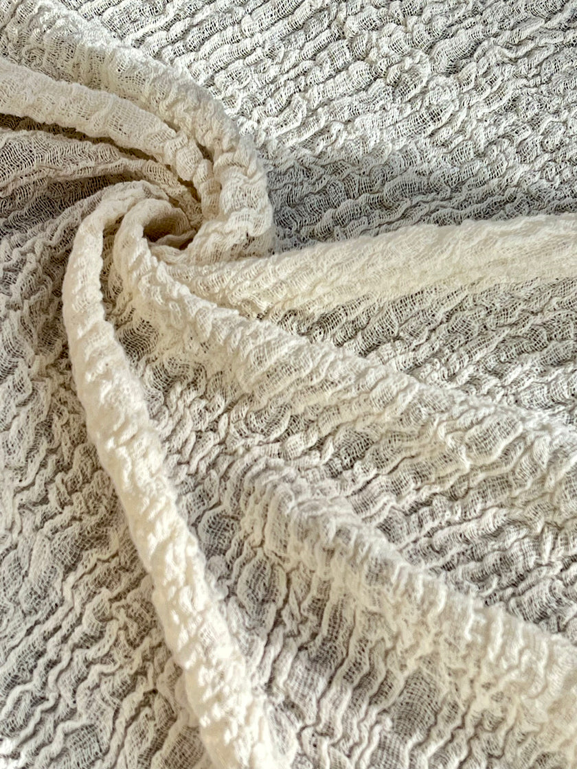 Stretchy Crinkle Cotton Fabric, Textured Surface, Black & Natural White & Butter Yellow