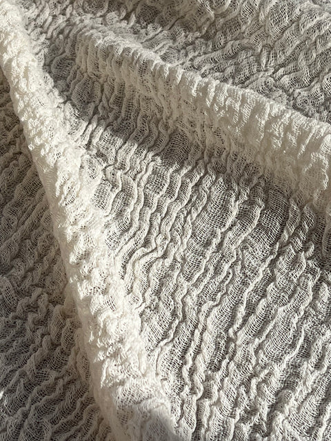 Stretchy Crinkle Cotton Fabric, Textured Surface, Black & Natural White & Butter Yellow