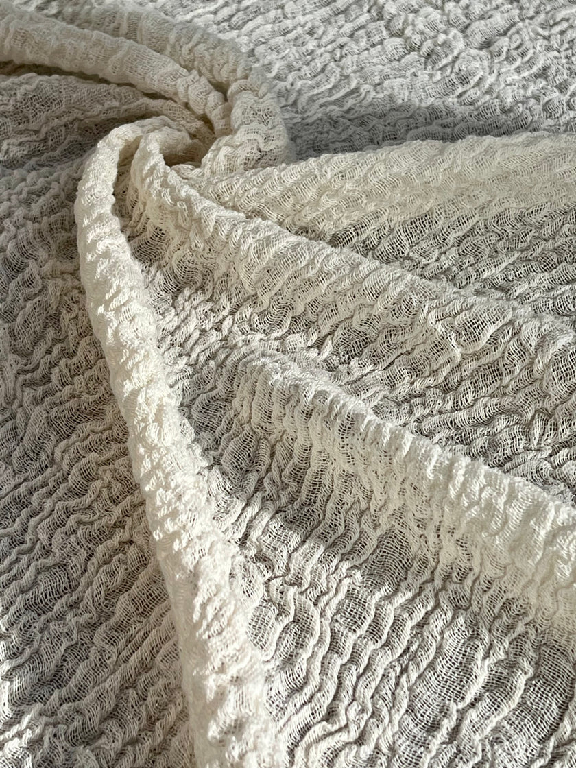 Stretchy Crinkle Cotton Fabric, Textured Surface, Black & Natural White & Butter Yellow