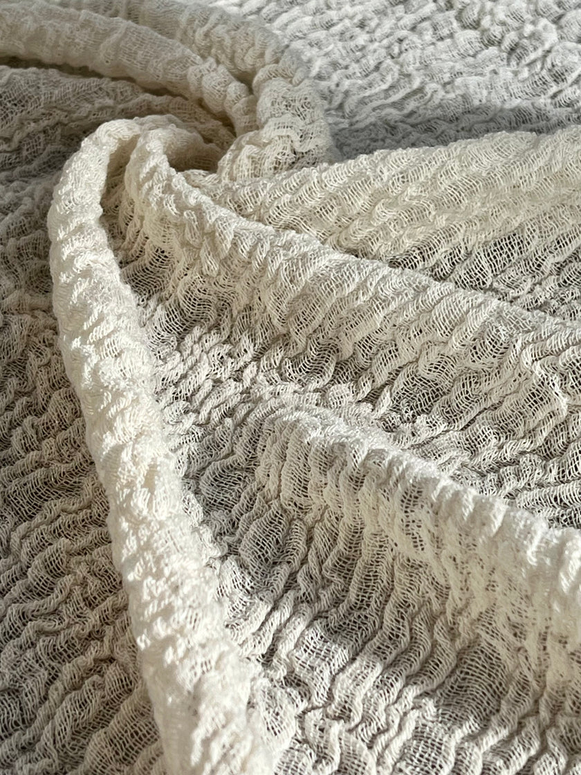 Stretchy Crinkle Cotton Fabric, Textured Surface, Black & Natural White & Butter Yellow