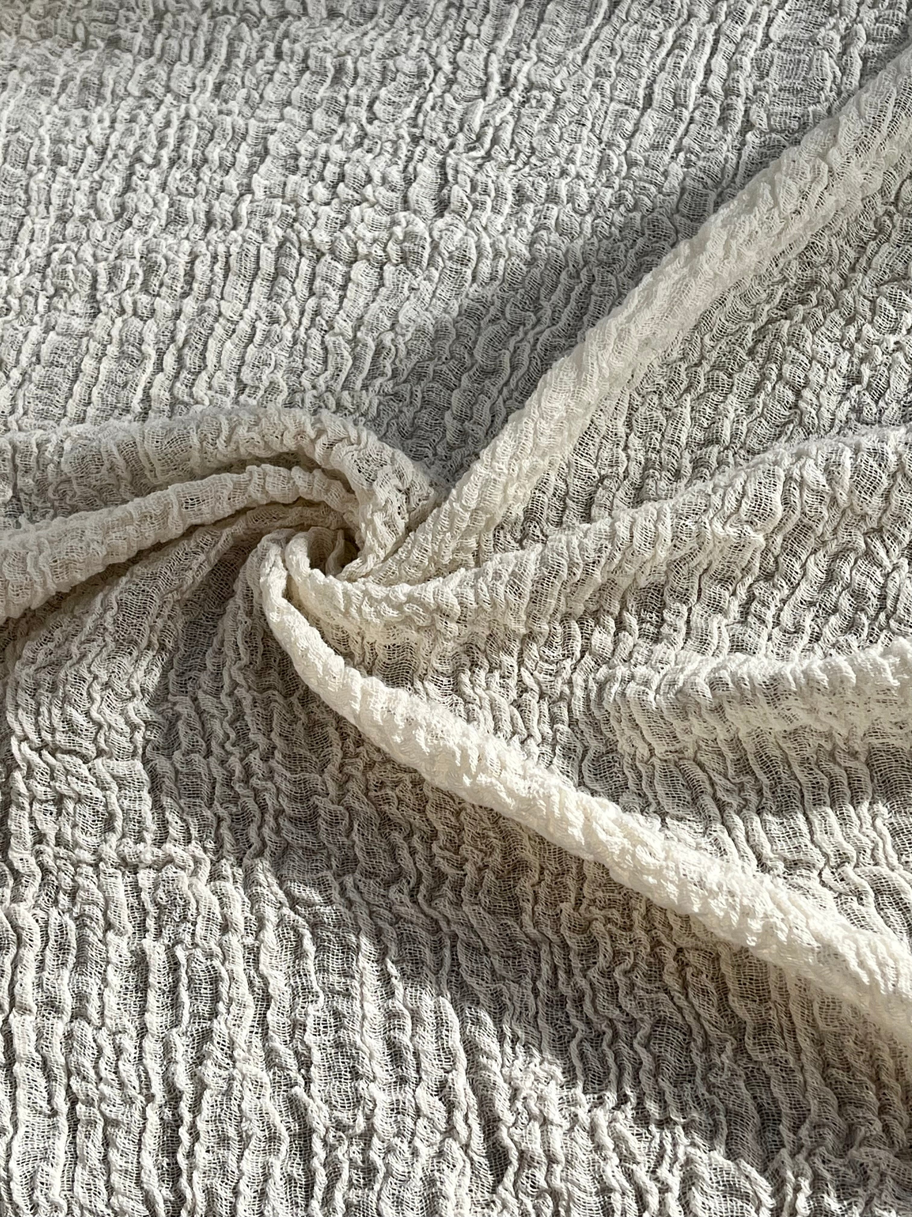 Stretchy Crinkle Cotton Fabric, Textured Surface, Black & Natural White & Butter Yellow
