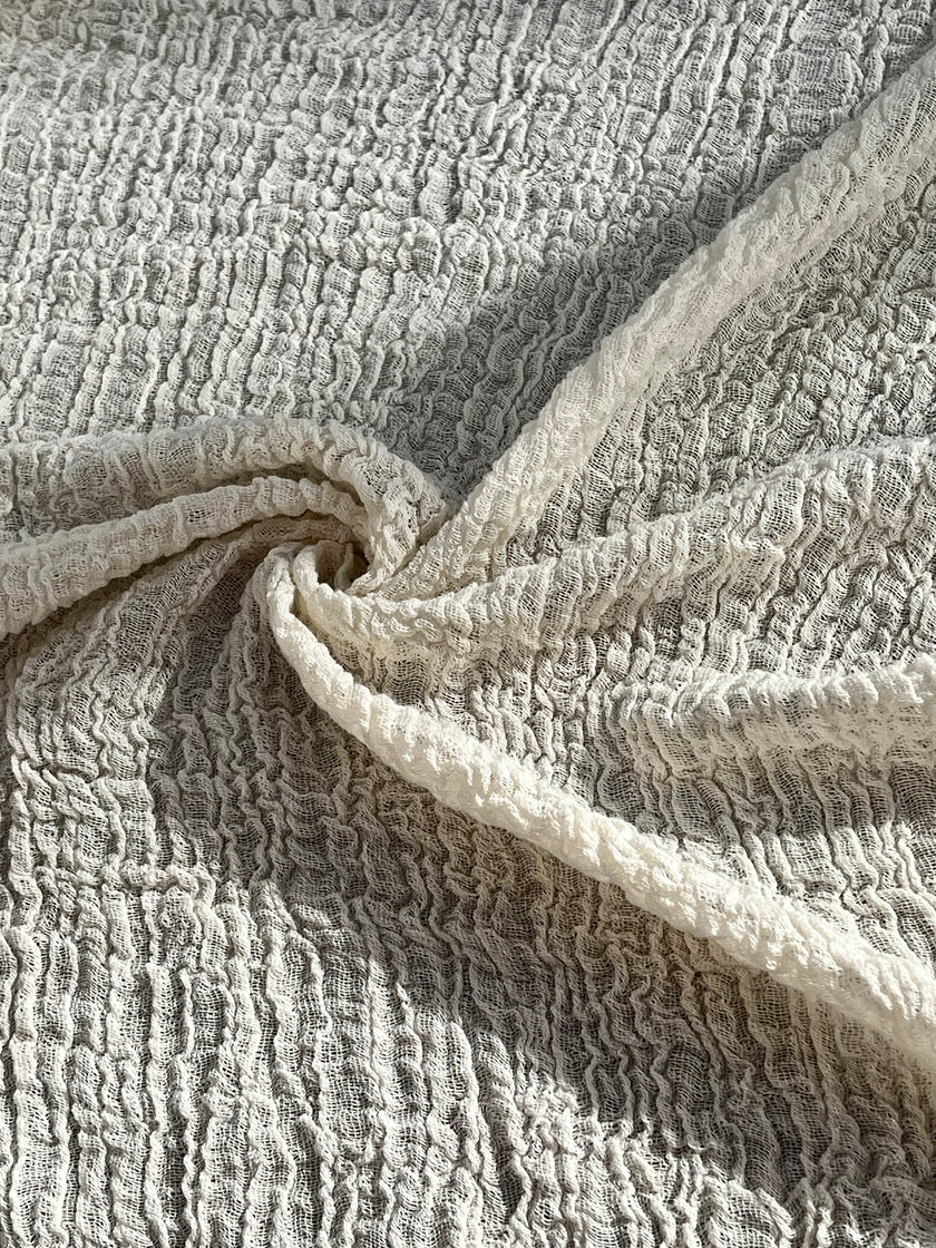 Stretchy Crinkle Cotton Fabric, Textured Surface, Black & Natural White & Butter Yellow