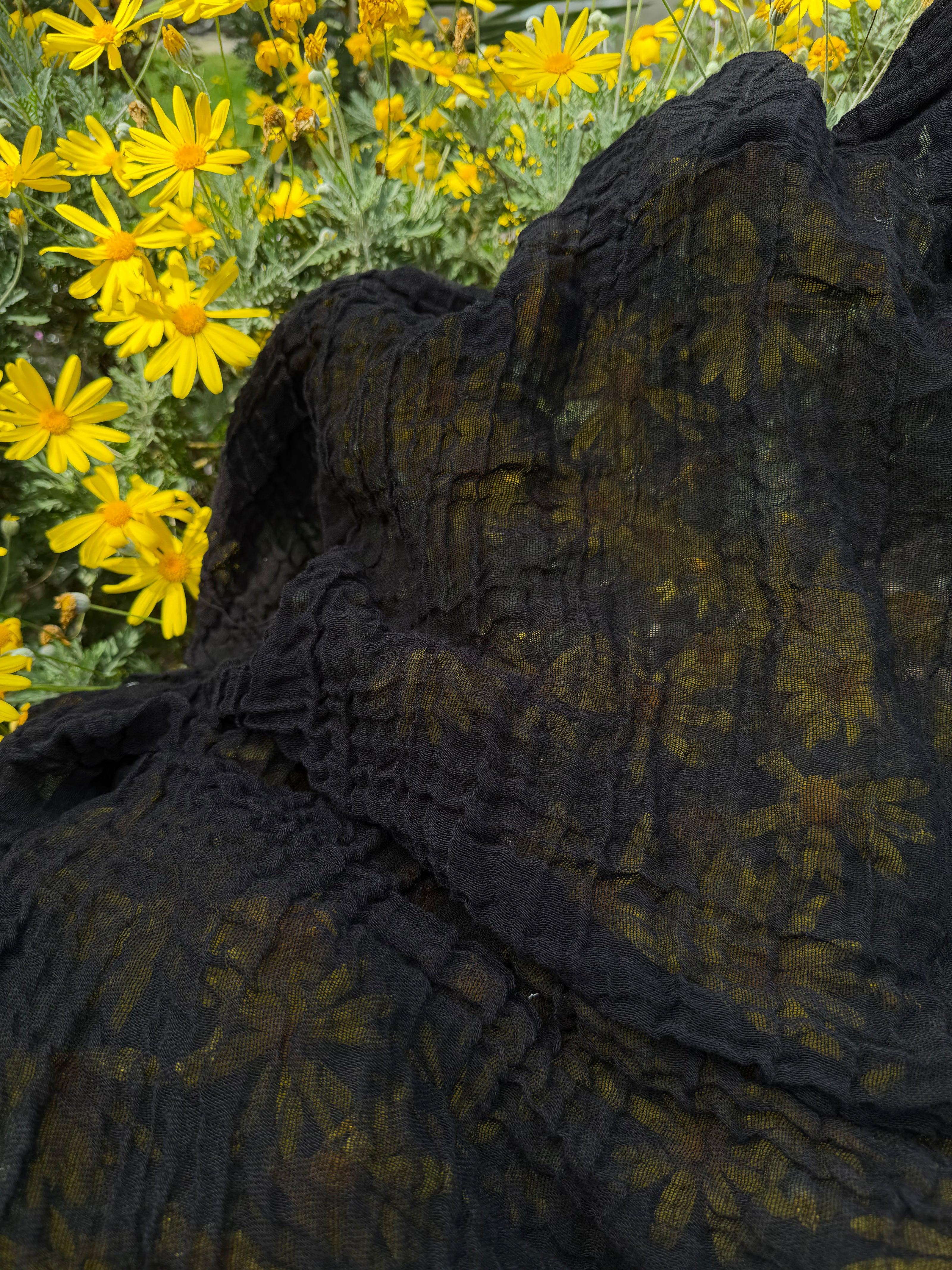 Stretchy Crinkle Cotton Fabric, Textured Surface, Black & Natural White & Butter Yellow