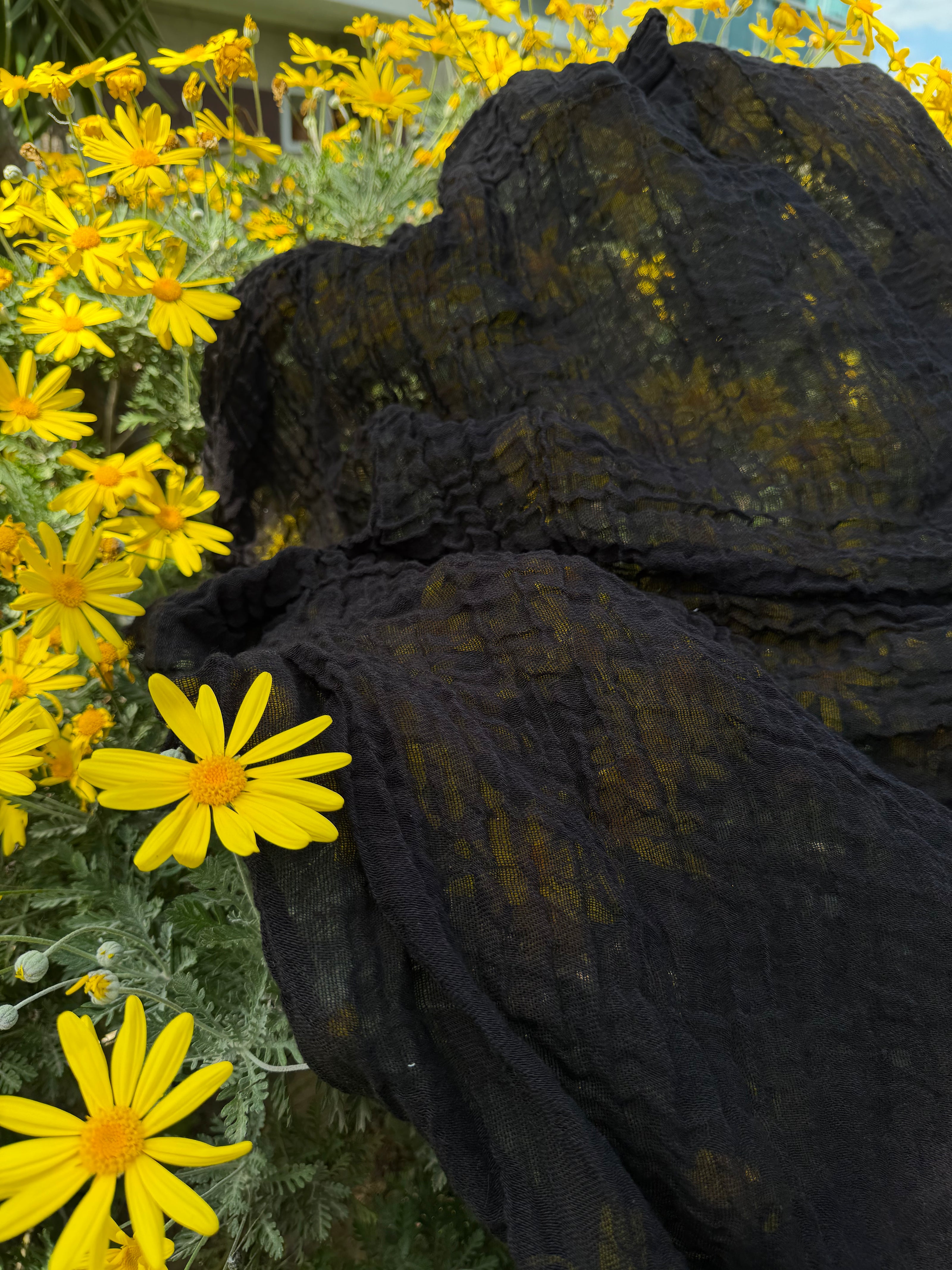 Stretchy Crinkle Cotton Fabric, Textured Surface, Black & Natural White & Butter Yellow