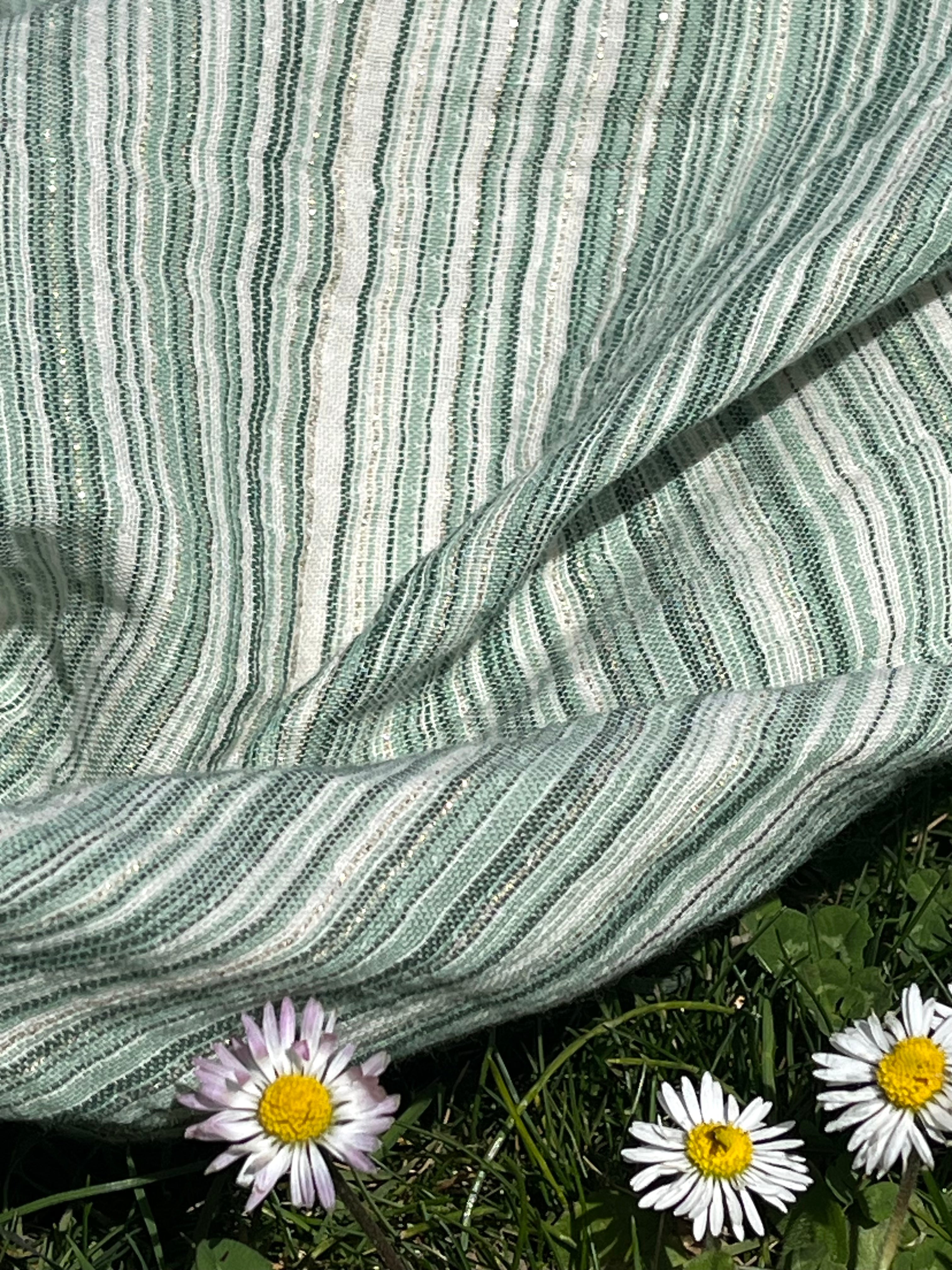 Muslin Fabric Green-Pink Shades Pin Stripes With Glitter.