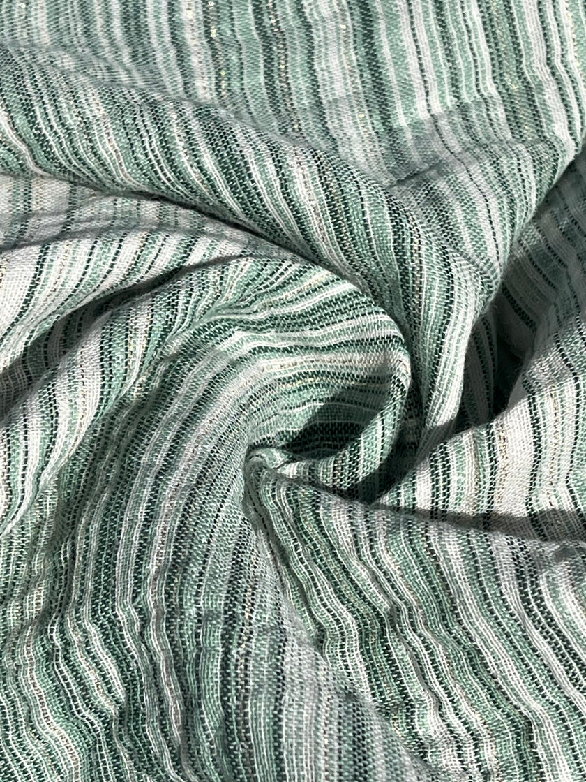 Muslin Fabric Green-Pink Shades Pin Stripes With Glitter.