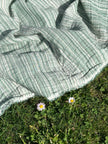 Muslin Fabric Green-Pink Shades Pin Stripes With Glitter.