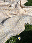 Muslin Fabric Green-Pink Shades Pin Stripes With Glitter.