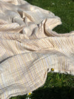 Muslin Fabric Green-Pink Shades Pin Stripes With Glitter.