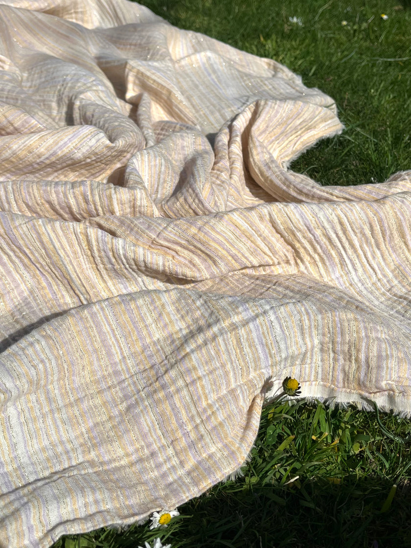 Muslin Fabric Green-Pink Shades Pin Stripes With Glitter.