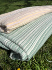 Muslin Fabric Green-Pink Shades Pin Stripes With Glitter.