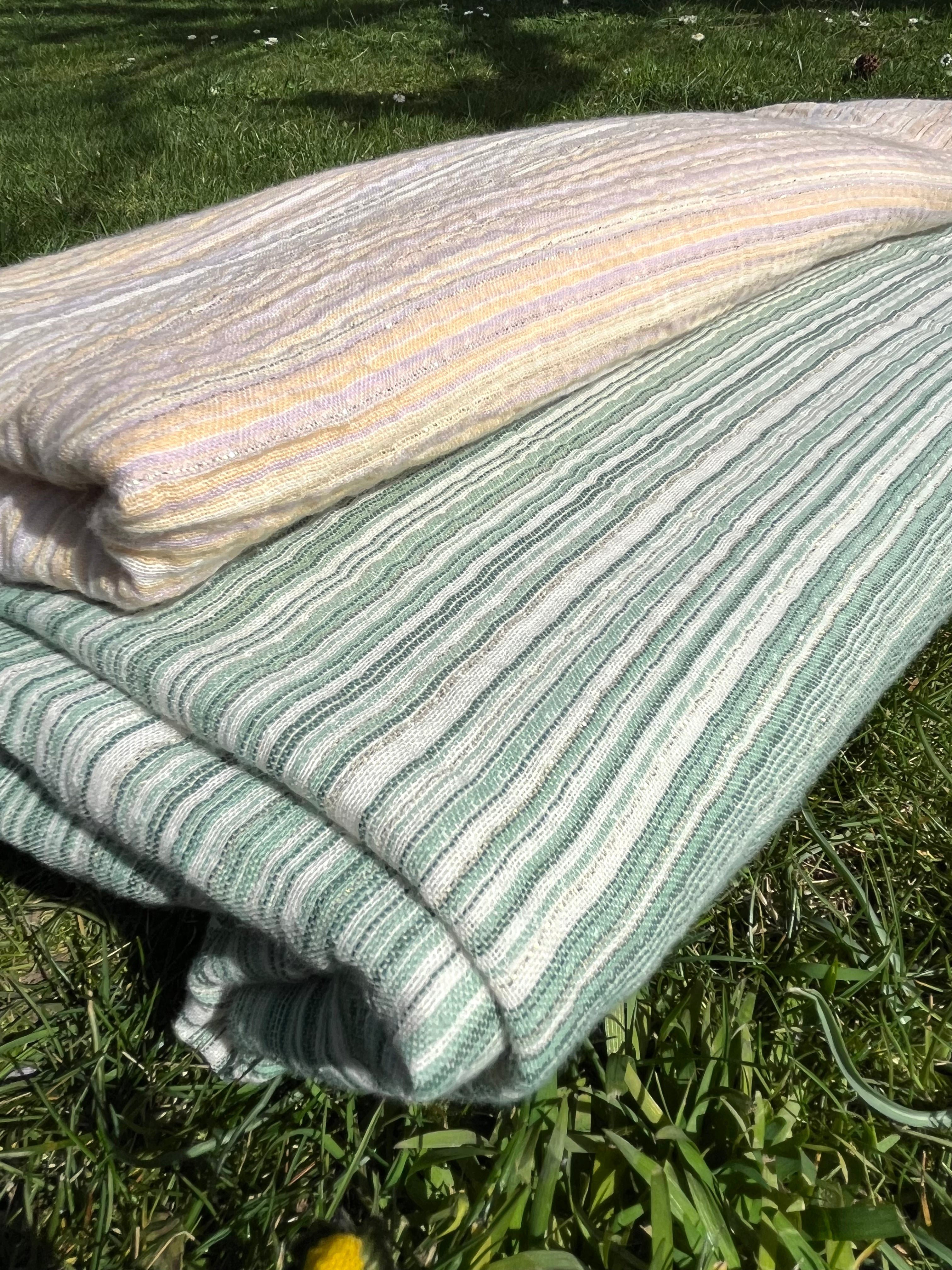 Muslin Fabric Green-Pink Shades Pin Stripes With Glitter.