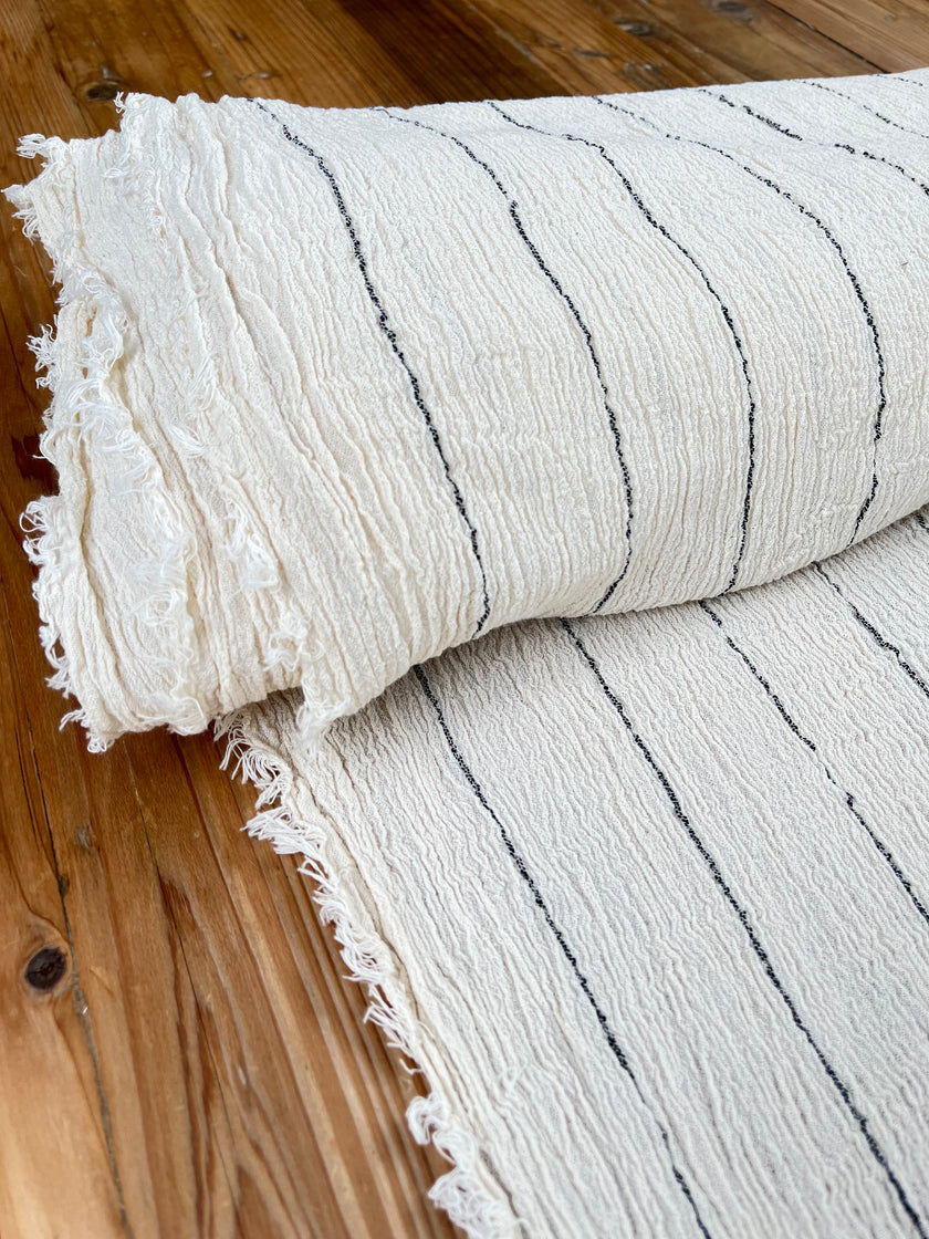 Neutral Stretchy Crinkle Cotton Fabric, Textured Surface,Off White Ivory Colour.