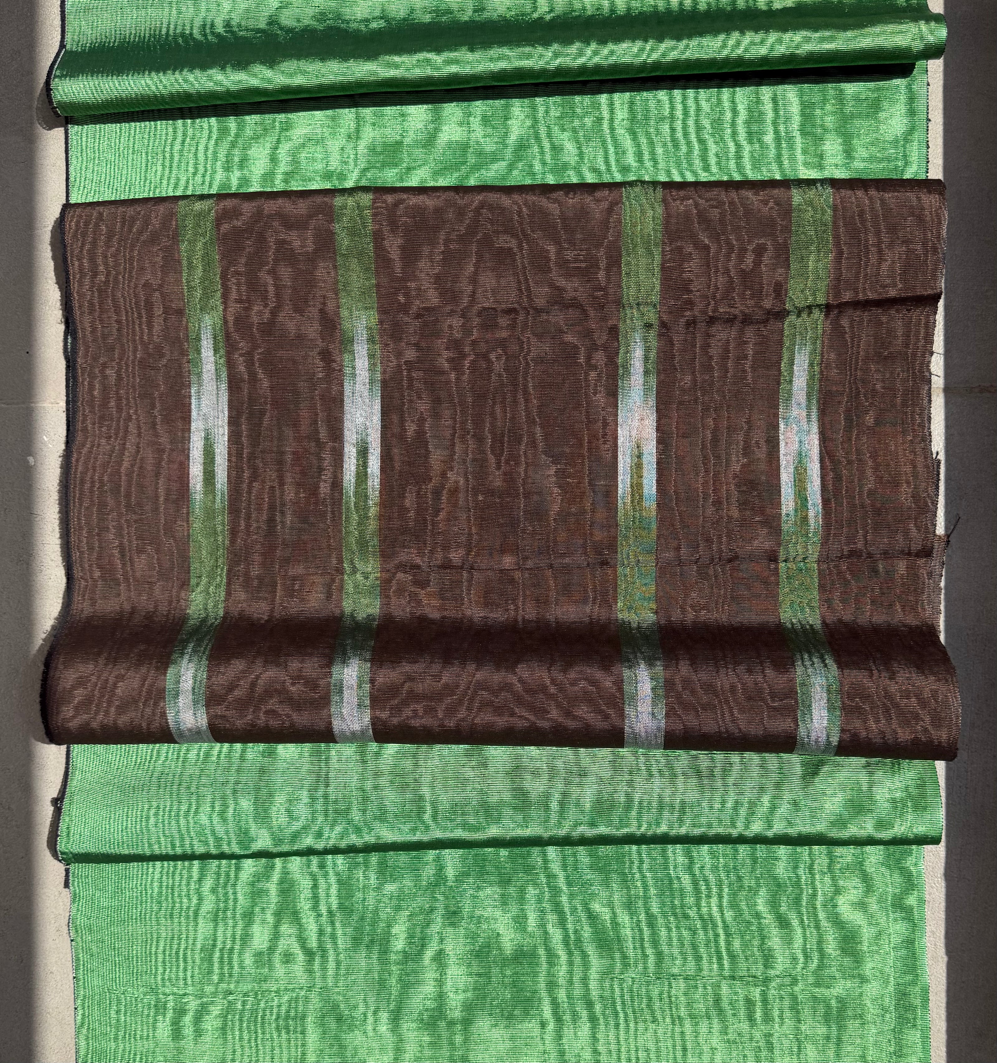 Brown Green Ikat Stripe Silk Moiré Fabric – 50/50 Silk Cotton Blend | Ottoman-Inspired Textile