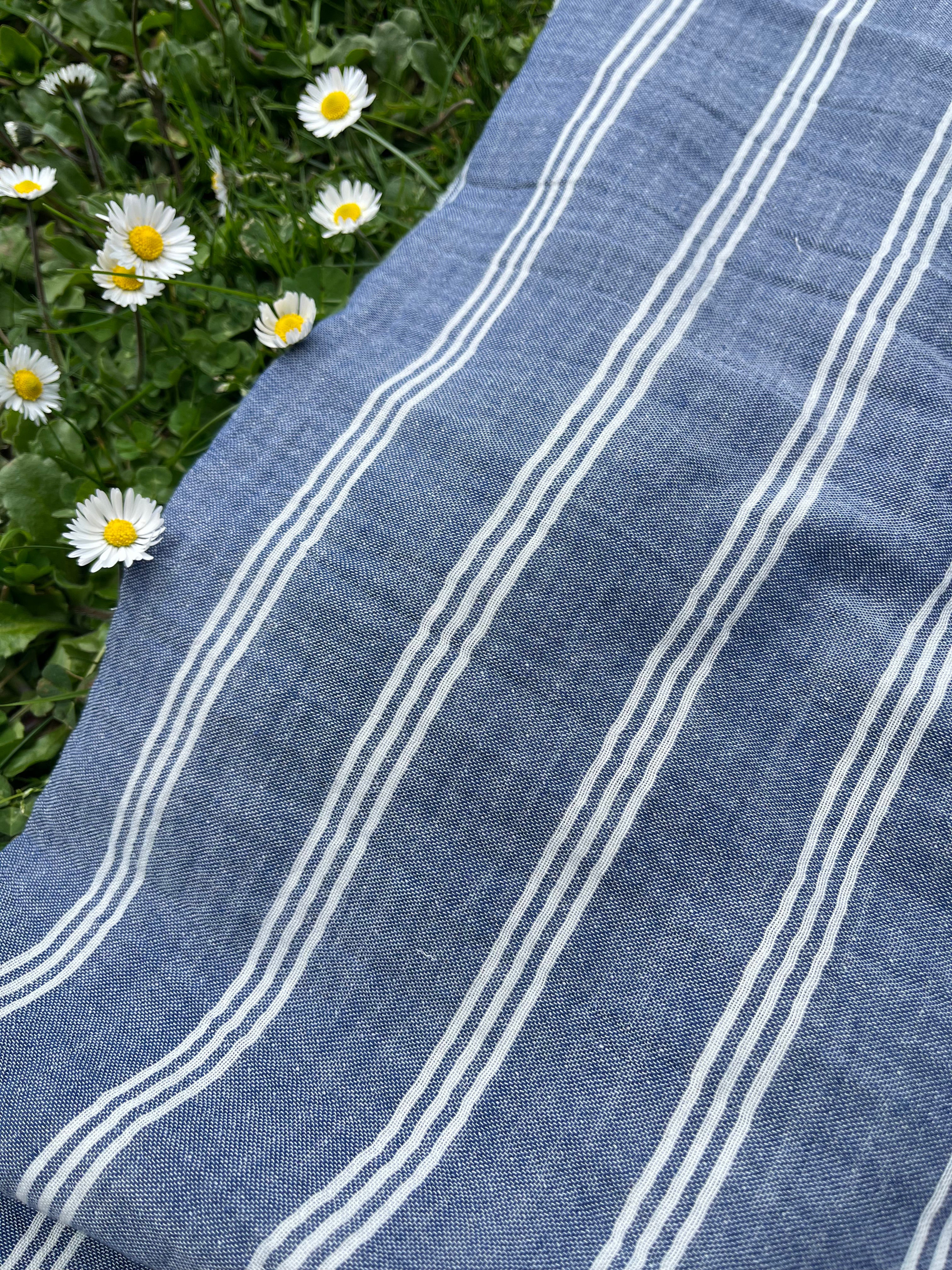 Muslin Fabric By The Yard - Blue White Stripes - Undyed Natural Option