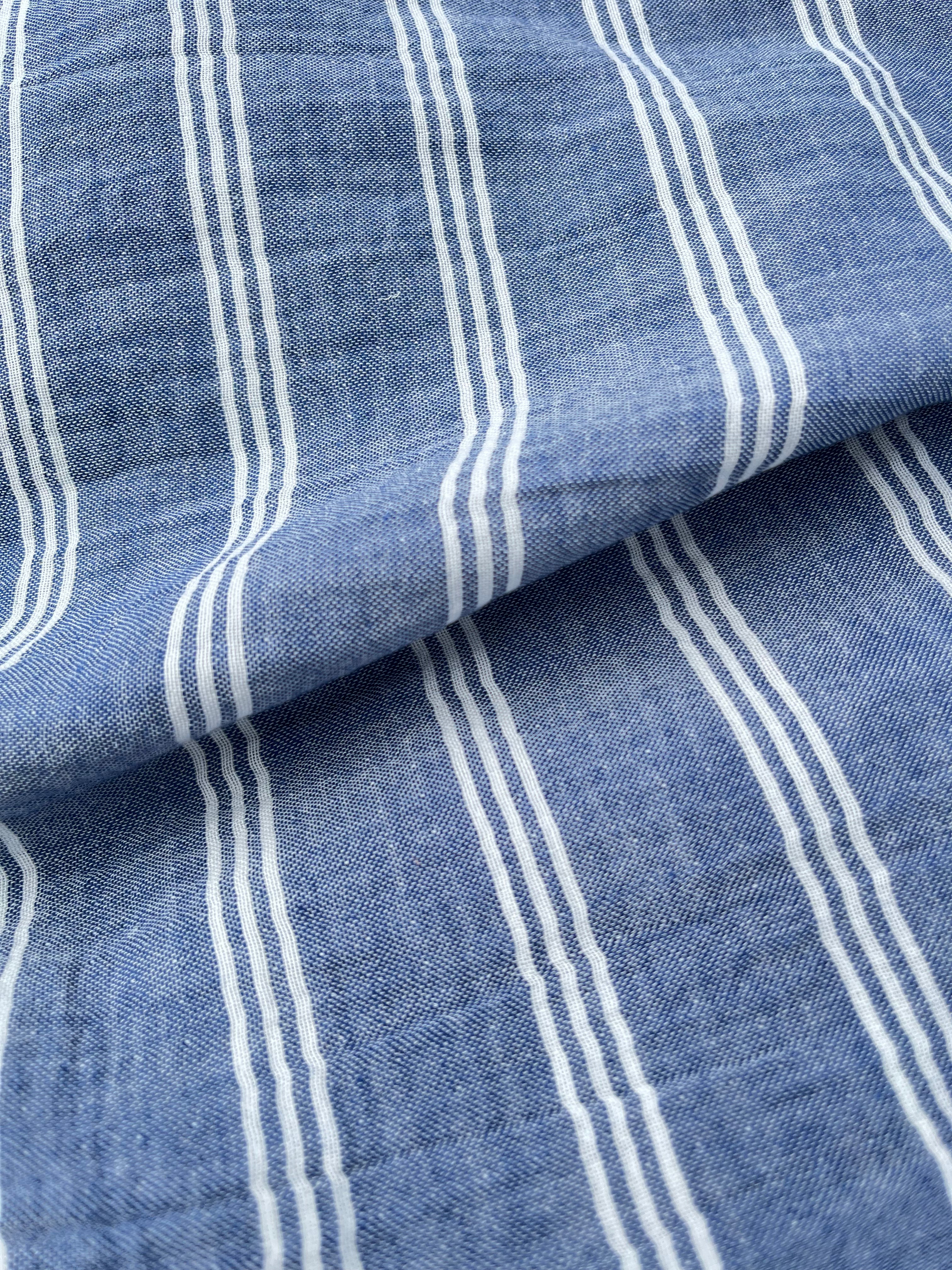 Muslin Fabric By The Yard - Blue White Stripes - Undyed Natural Option