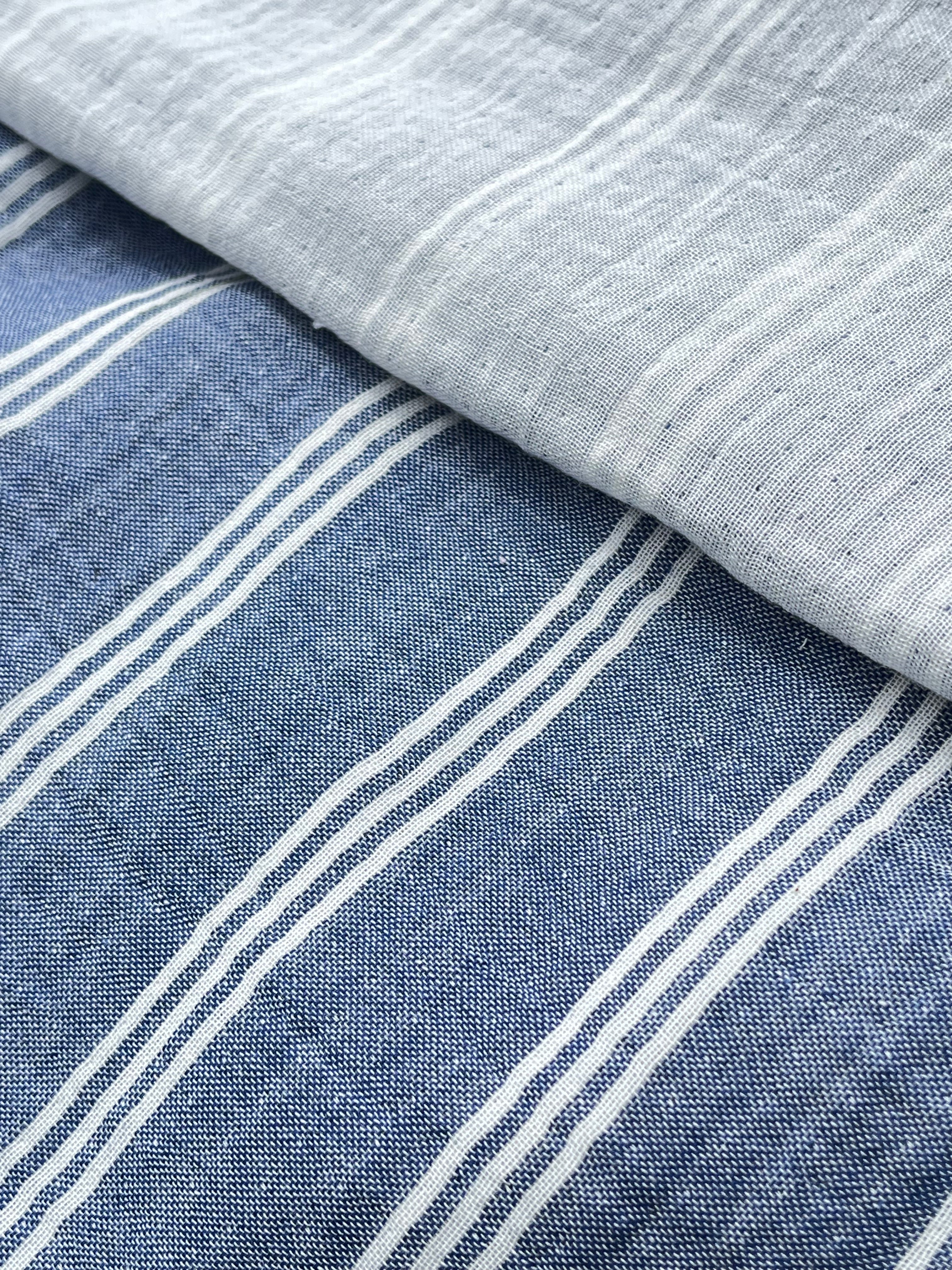 Muslin Fabric By The Yard - Blue White Stripes - Undyed Natural Option