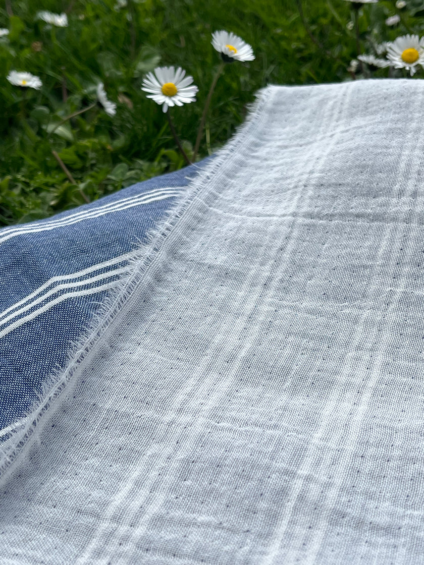 Muslin Fabric By The Yard - Blue White Stripes - Undyed Natural Option