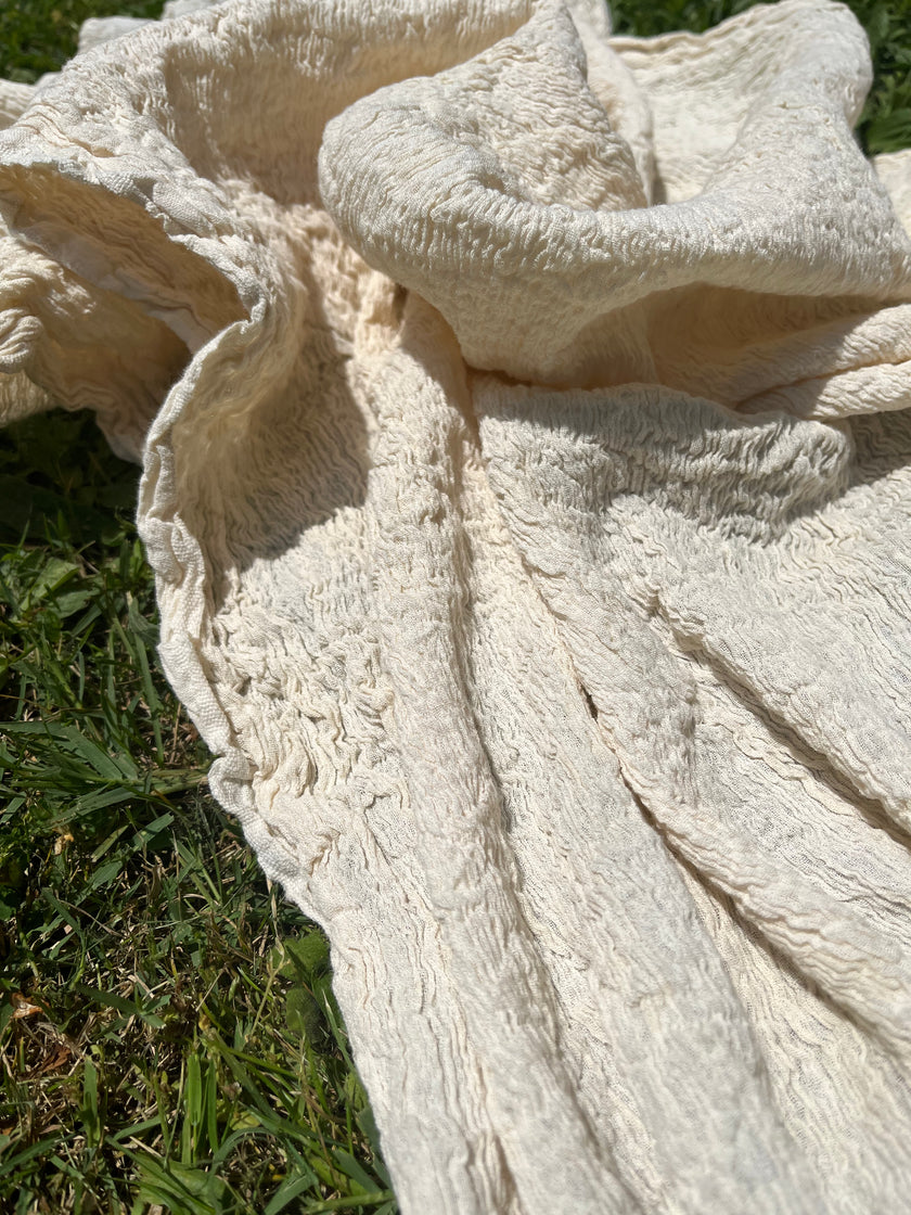 Neutral Stretchy Crinkle Cotton Fabric, Textured Surface, Off White Handwoven.
