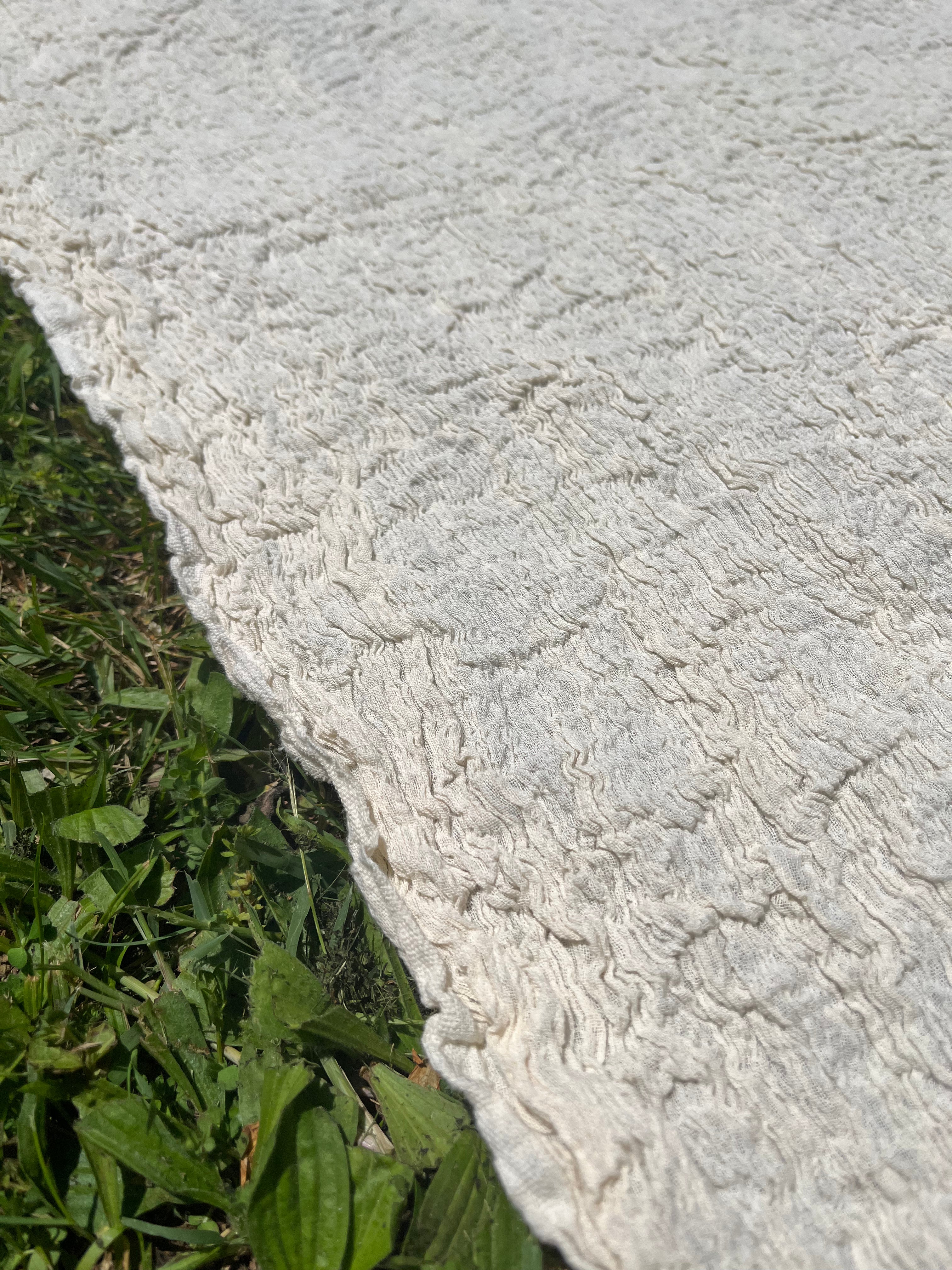 Neutral Stretchy Crinkle Cotton Fabric, Textured Surface, Off White Handwoven.