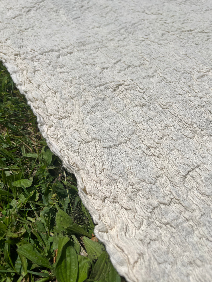Neutral Stretchy Crinkle Cotton Fabric, Textured Surface, Off White Handwoven.