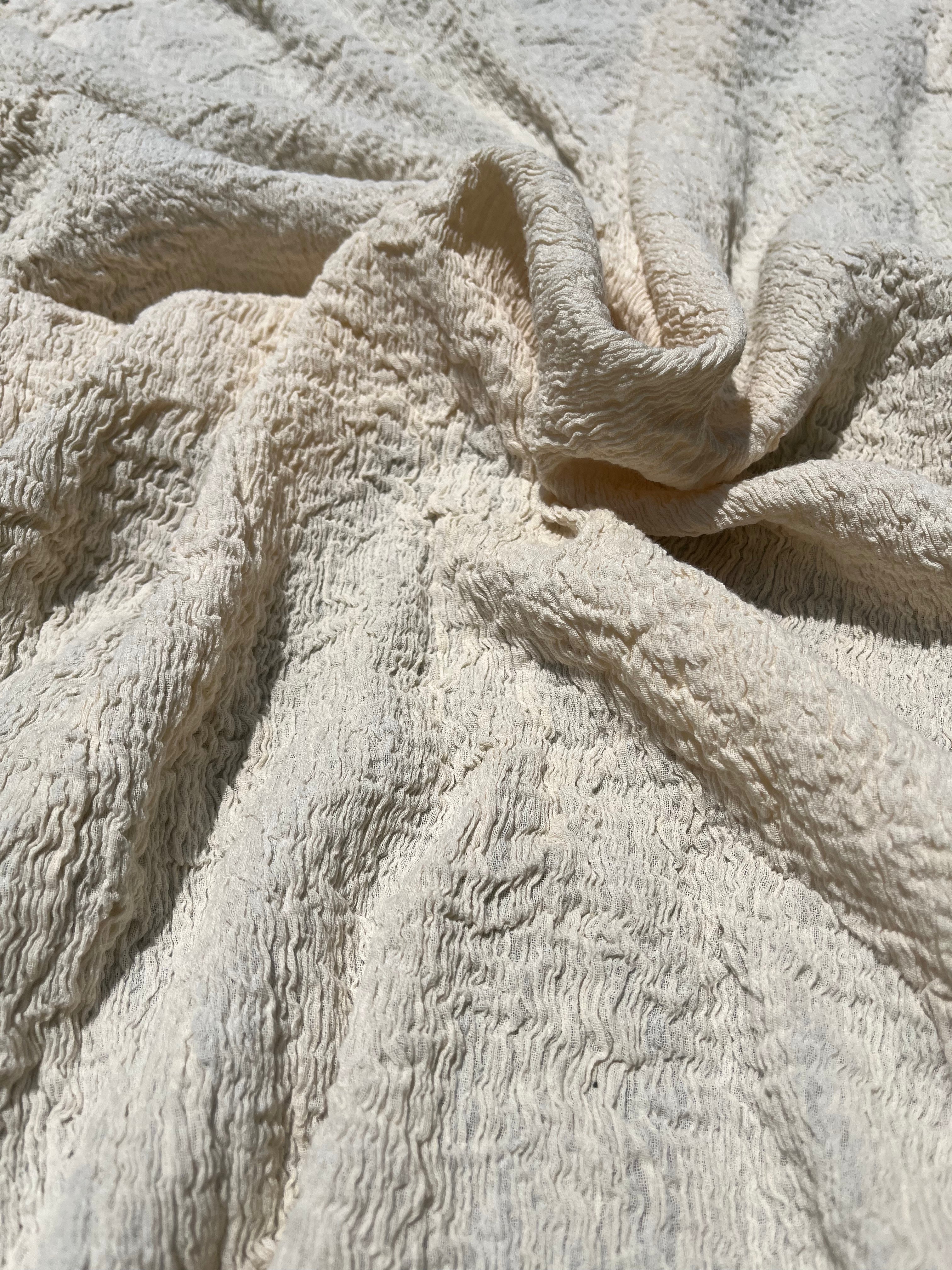 Neutral Stretchy Crinkle Cotton Fabric, Textured Surface, Off White Handwoven.