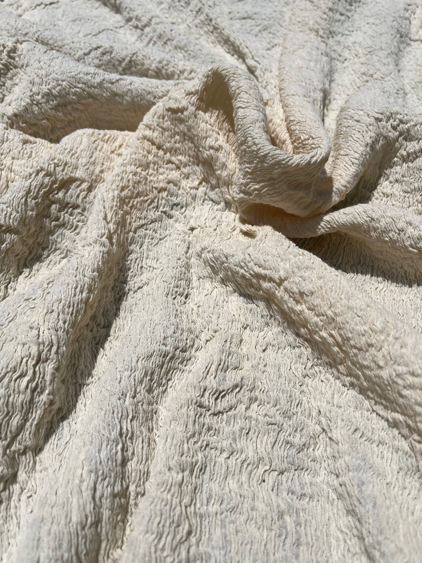 Neutral Stretchy Crinkle Cotton Fabric, Textured Surface, Off White Handwoven.