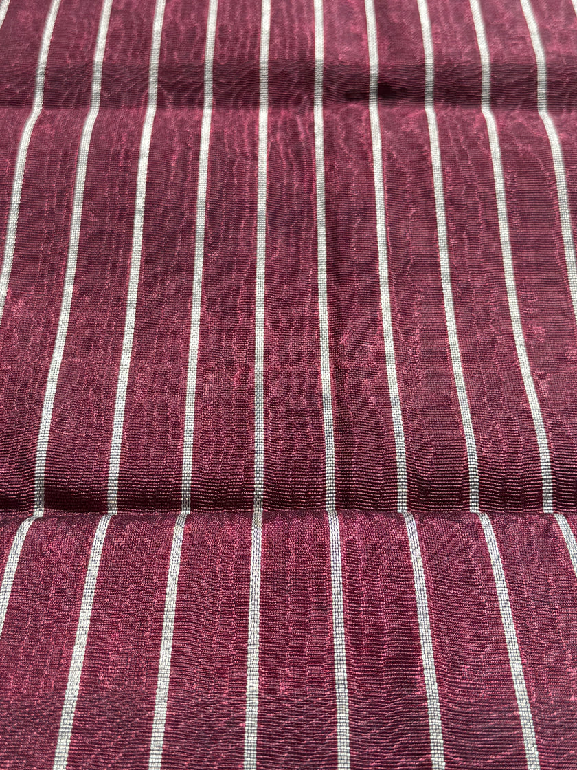 Handwoven Ottoman Kutnu Silk Fabric – Red & Silver Striped Luxury Upholstery Textile | Silk Cotton Heritage Weave