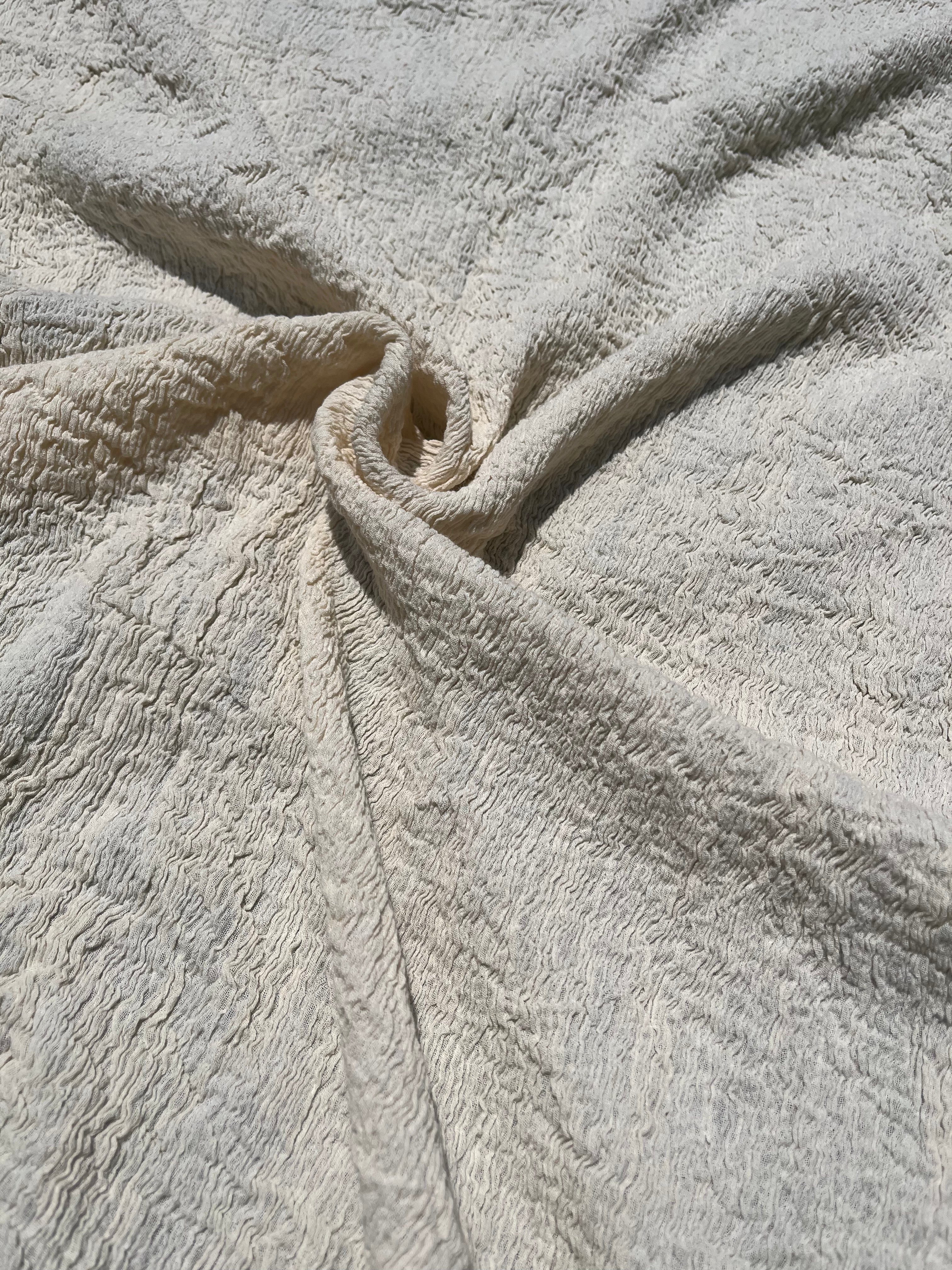 Neutral Stretchy Crinkle Cotton Fabric, Textured Surface, Off White Handwoven.