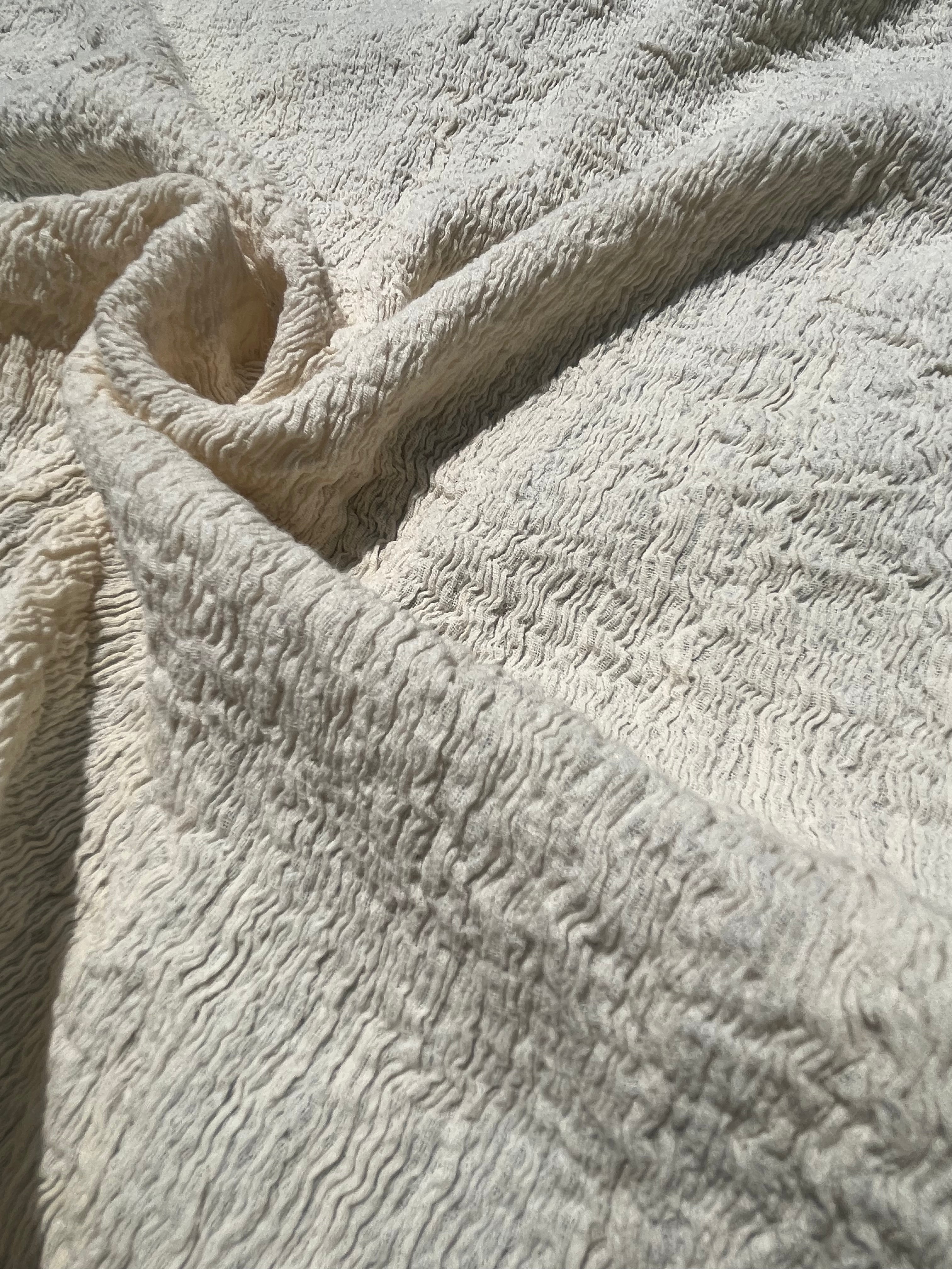Neutral Stretchy Crinkle Cotton Fabric, Textured Surface, Off White Handwoven.