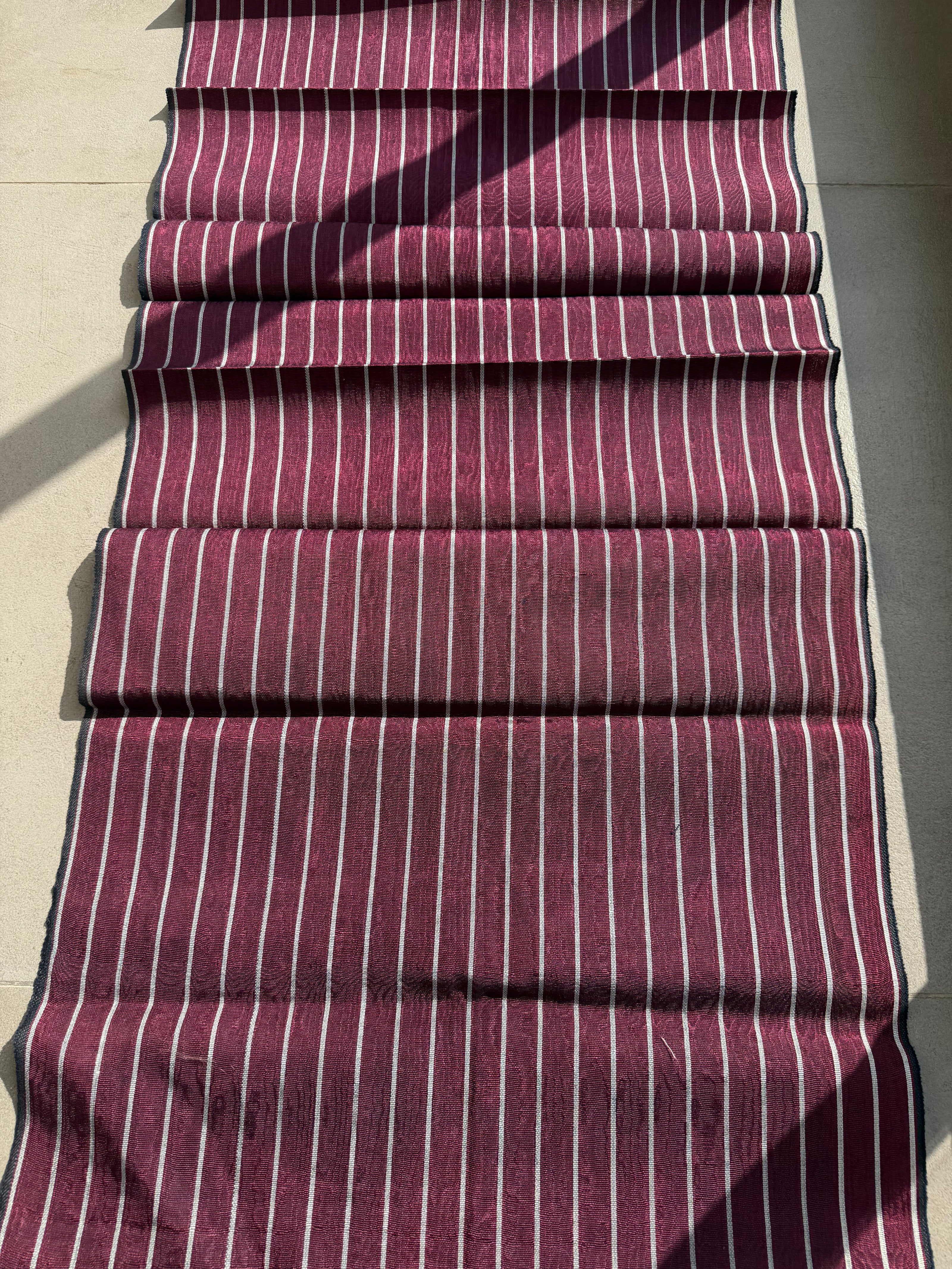 Handwoven Ottoman Kutnu Silk Fabric – Red & Silver Striped Luxury Upholstery Textile | Silk Cotton Heritage Weave