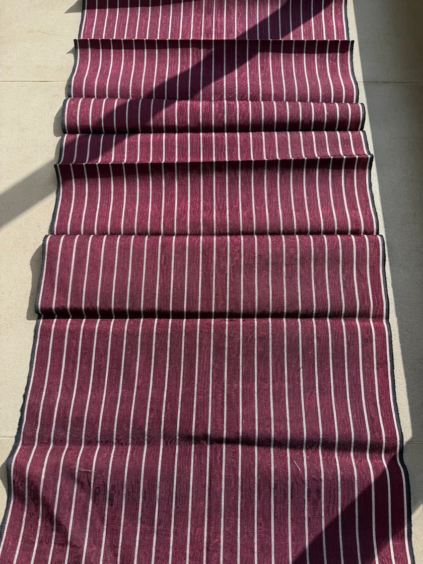 Handwoven Ottoman Kutnu Silk Fabric – Red & Silver Striped Luxury Upholstery Textile | Silk Cotton Heritage Weave