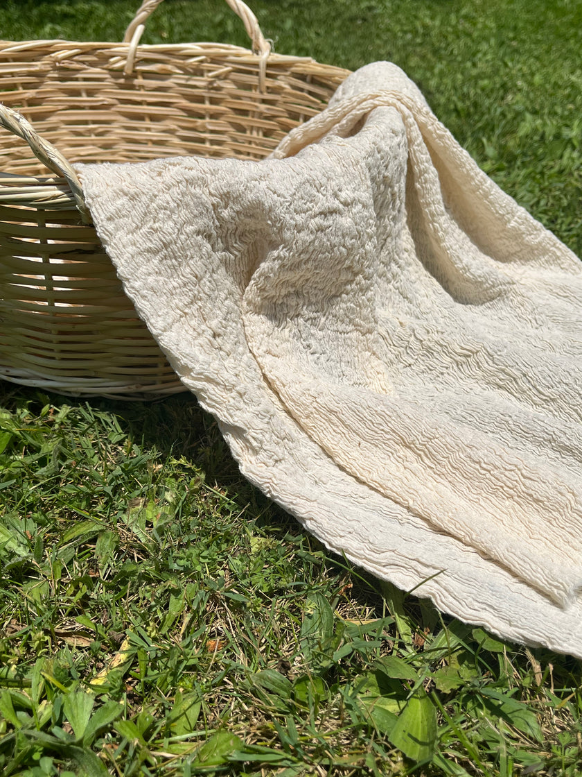 Neutral Stretchy Crinkle Cotton Fabric, Textured Surface, Off White Handwoven.