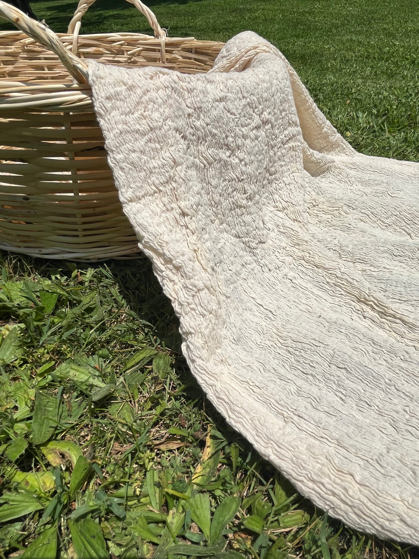 Neutral Stretchy Crinkle Cotton Fabric, Textured Surface, Off White Handwoven.