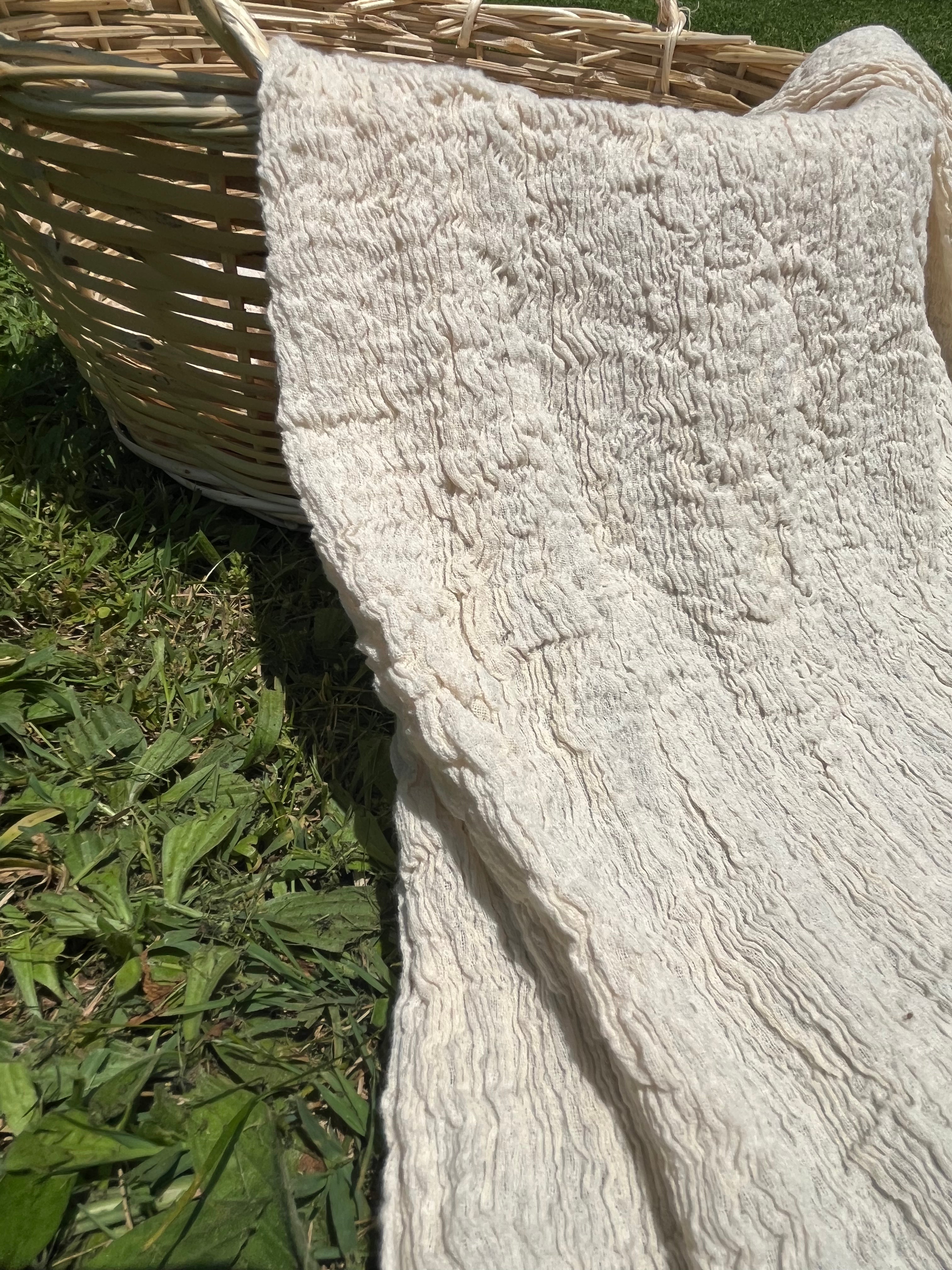 Neutral Stretchy Crinkle Cotton Fabric, Textured Surface, Off White Handwoven.