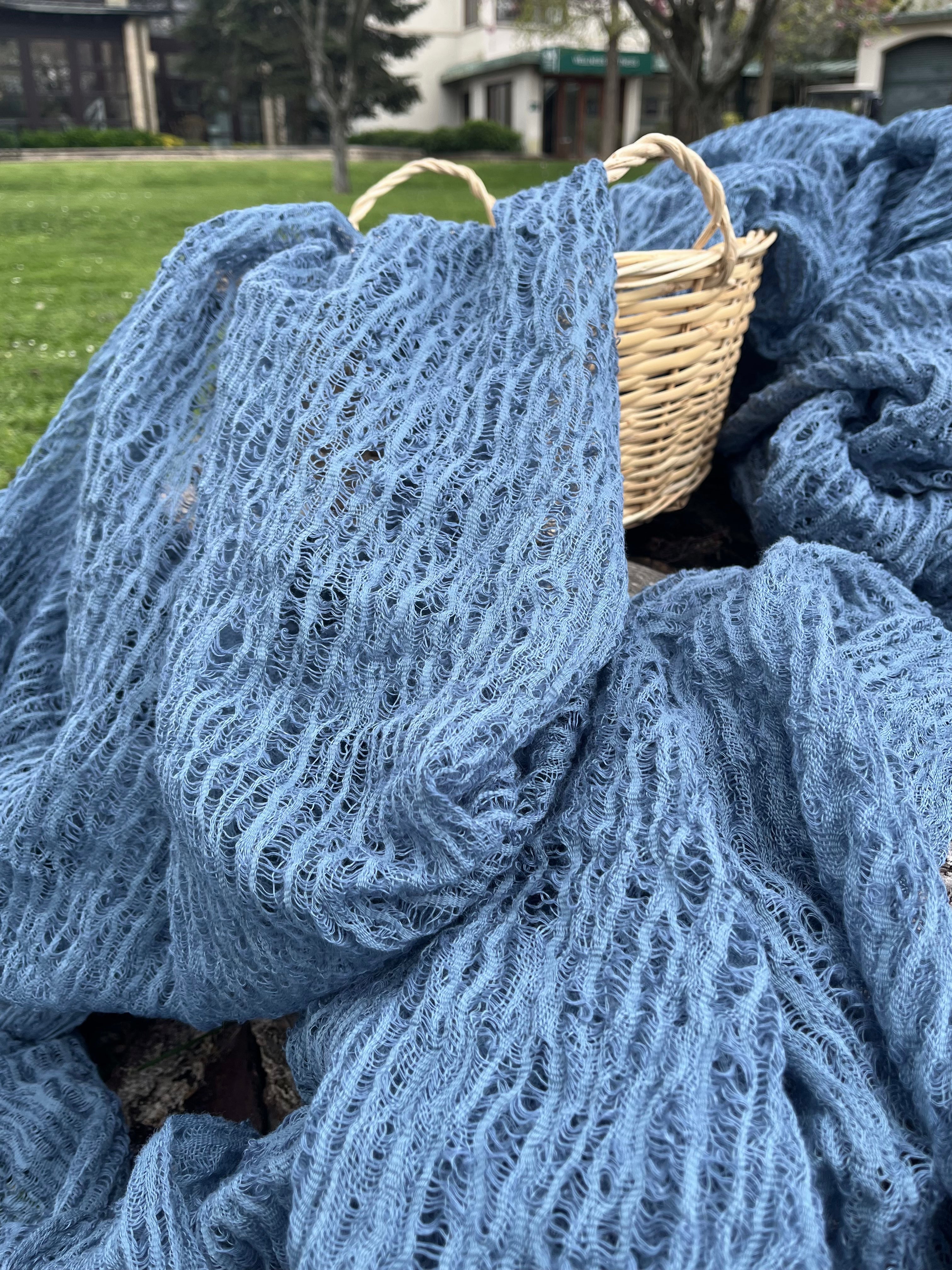 Indigo Blue Textured Sheer Linen Fabric.