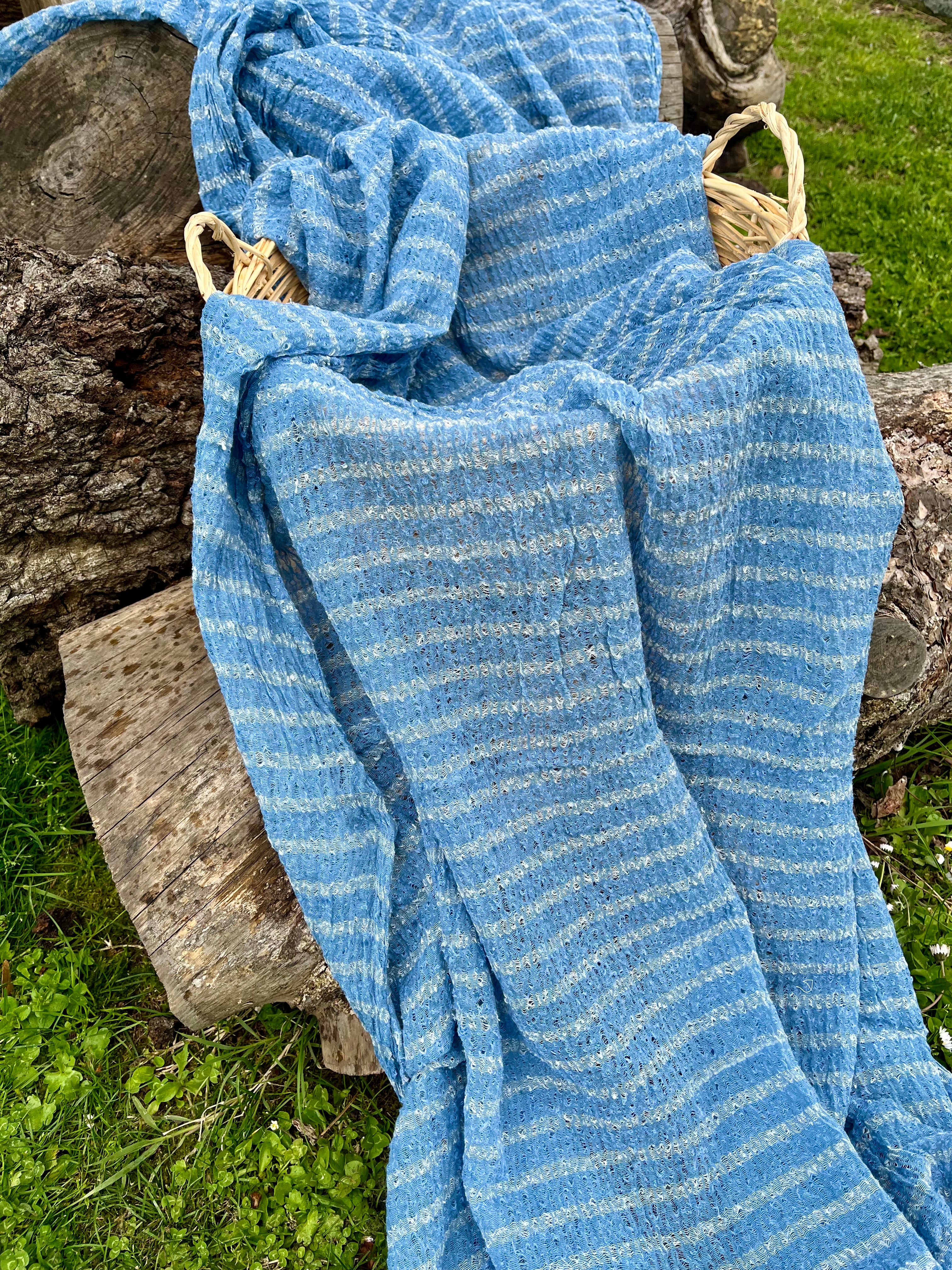 Indigo Blue Textured Sheer Linen Fabric With White Stripes.