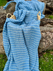 Indigo Blue Textured Sheer Linen Fabric With White Stripes.