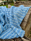 Indigo Blue Textured Sheer Linen Fabric With White Stripes.
