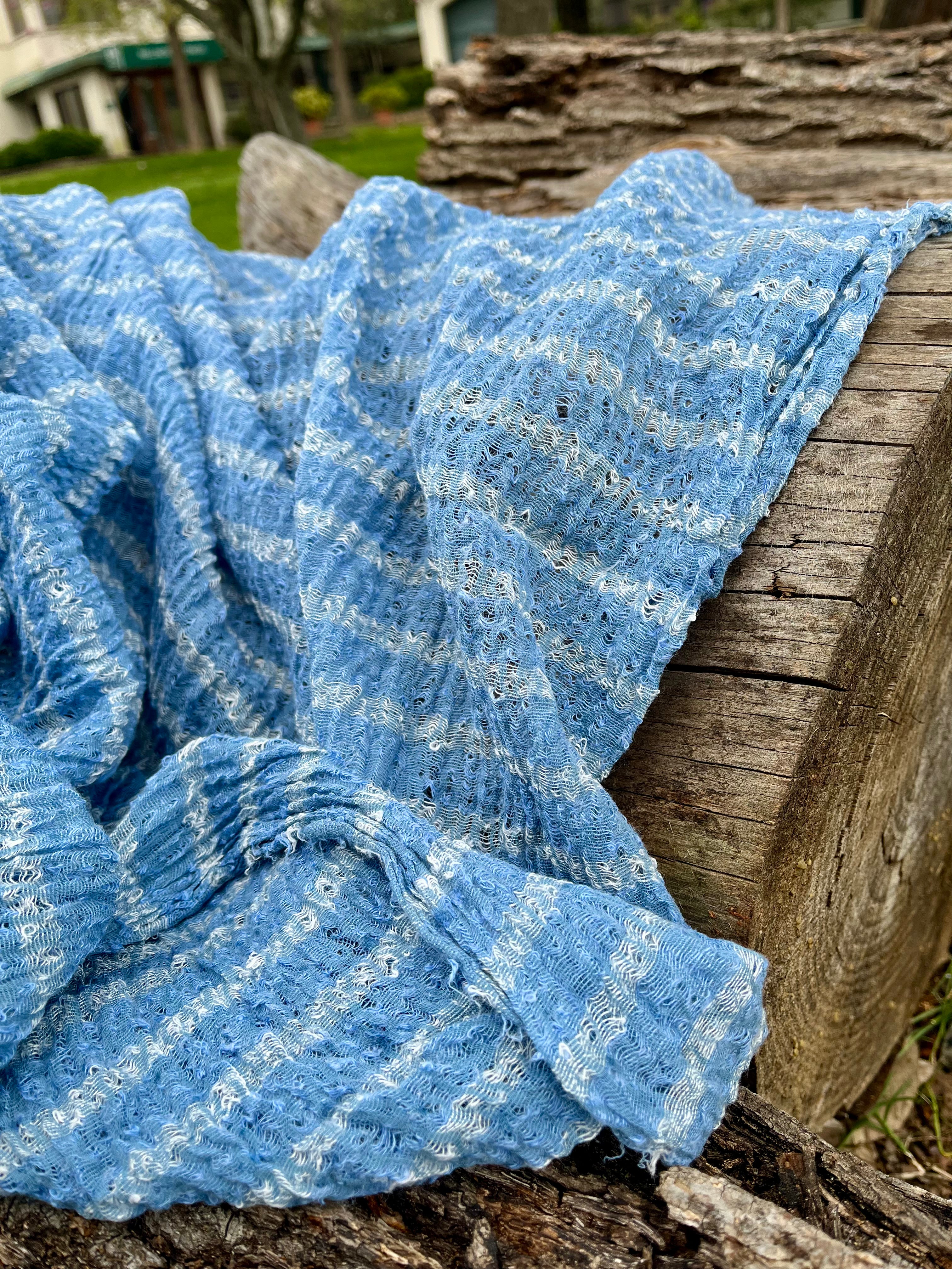 Indigo Blue Textured Sheer Linen Fabric With White Stripes.