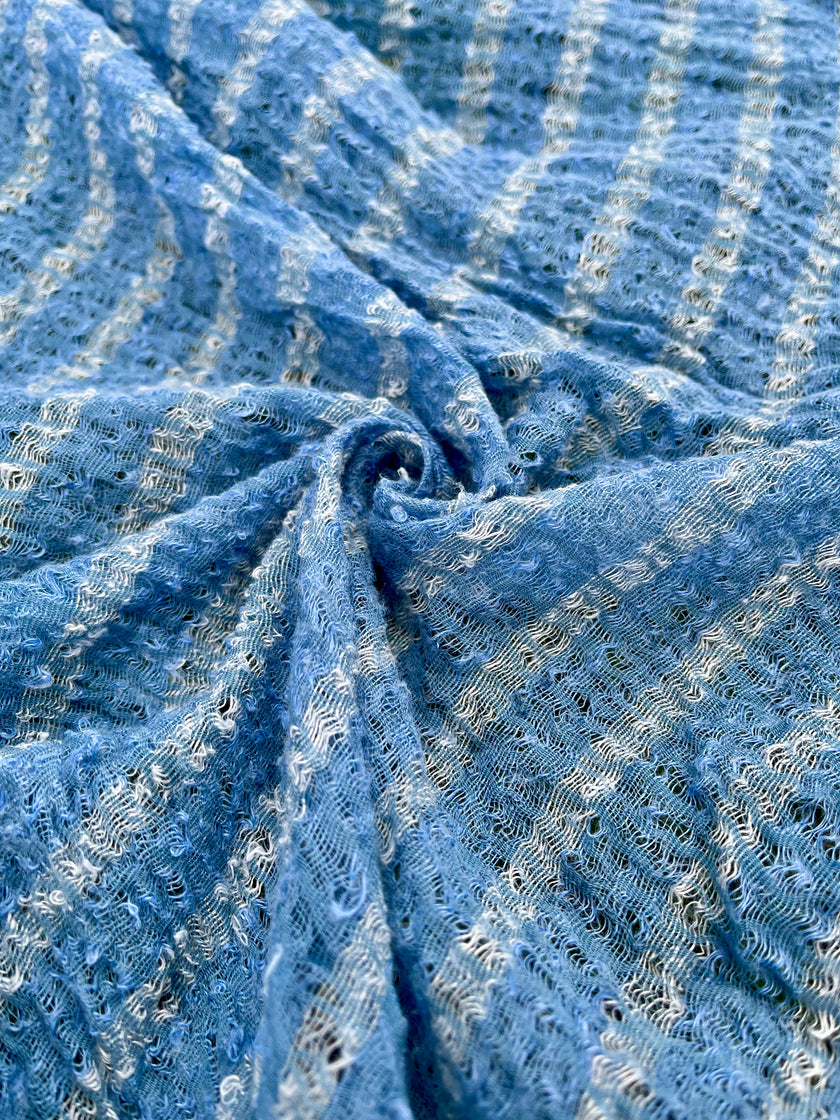 Indigo Blue Textured Sheer Linen Fabric With White Stripes.