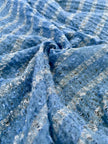Indigo Blue Textured Sheer Linen Fabric With White Stripes.