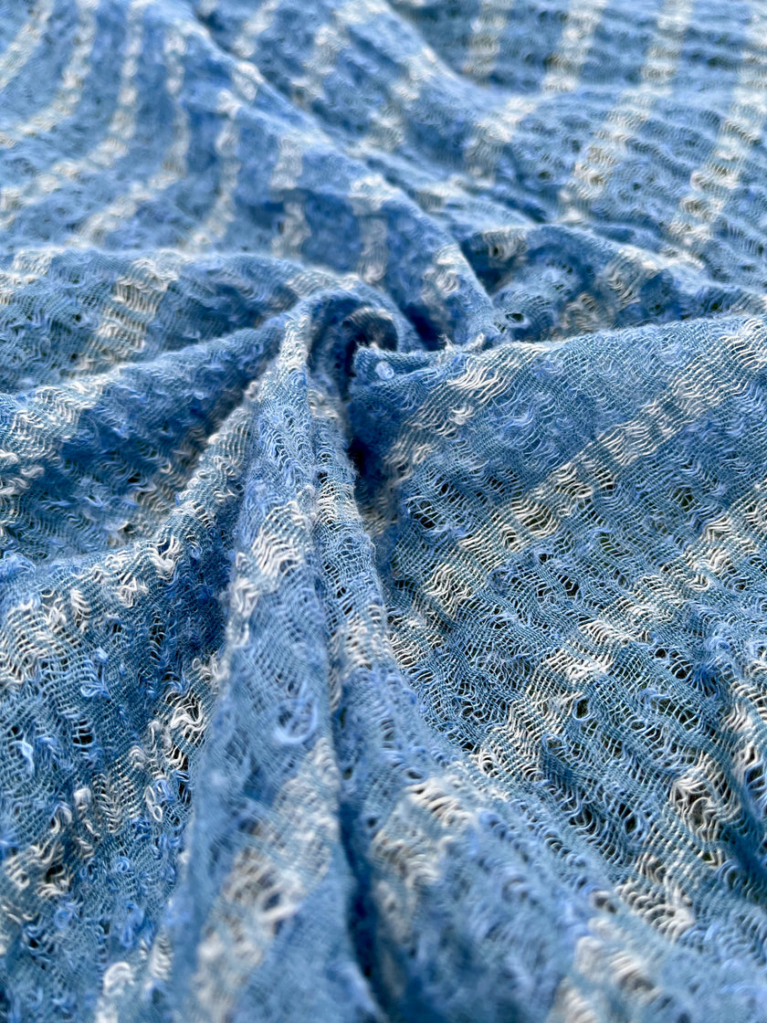 Indigo Blue Textured Sheer Linen Fabric With White Stripes.